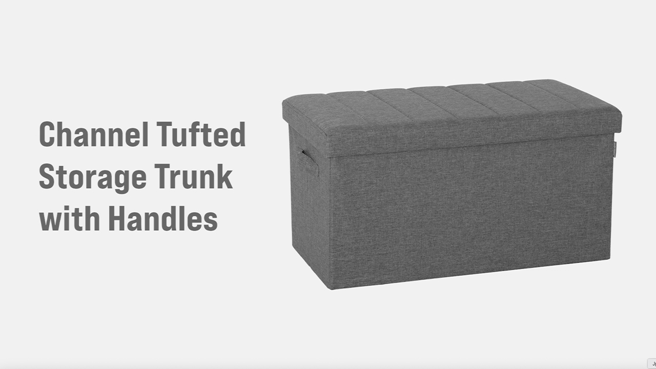thumbnail video image 2 of Seville Classics Channel Tufted Storage Trunk with Handles, Modern Gray, 2 of 7