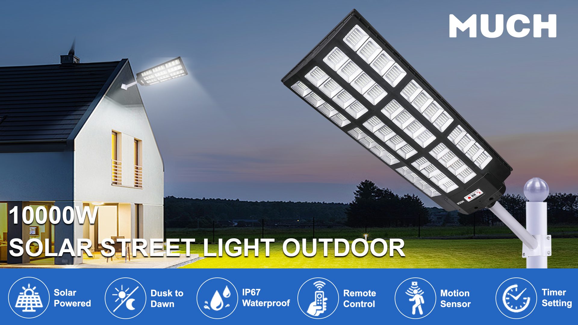 thumbnail video image 2 of MUCH 10000W 1680 LED Super Bright Solar Street Light Pole Barn Commercial Parking Lot Lights IP67 Outdoor Dusk to Dawn Solar Security Flood Lights w/Motion Sensor Remote Control, 2 of 13