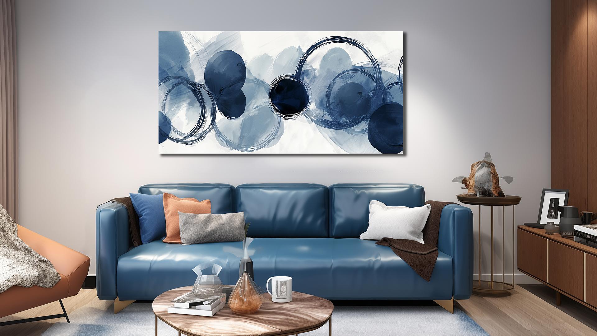 thumbnail video image 2 of 48x24 Inches Blue Watercolor Circle Abstract Canvas Wall Art, Modern Indigo Circular Print Wall Decor, Minimalist Picture for Living Room Bedroom Office Home Decoration, 2 of 8