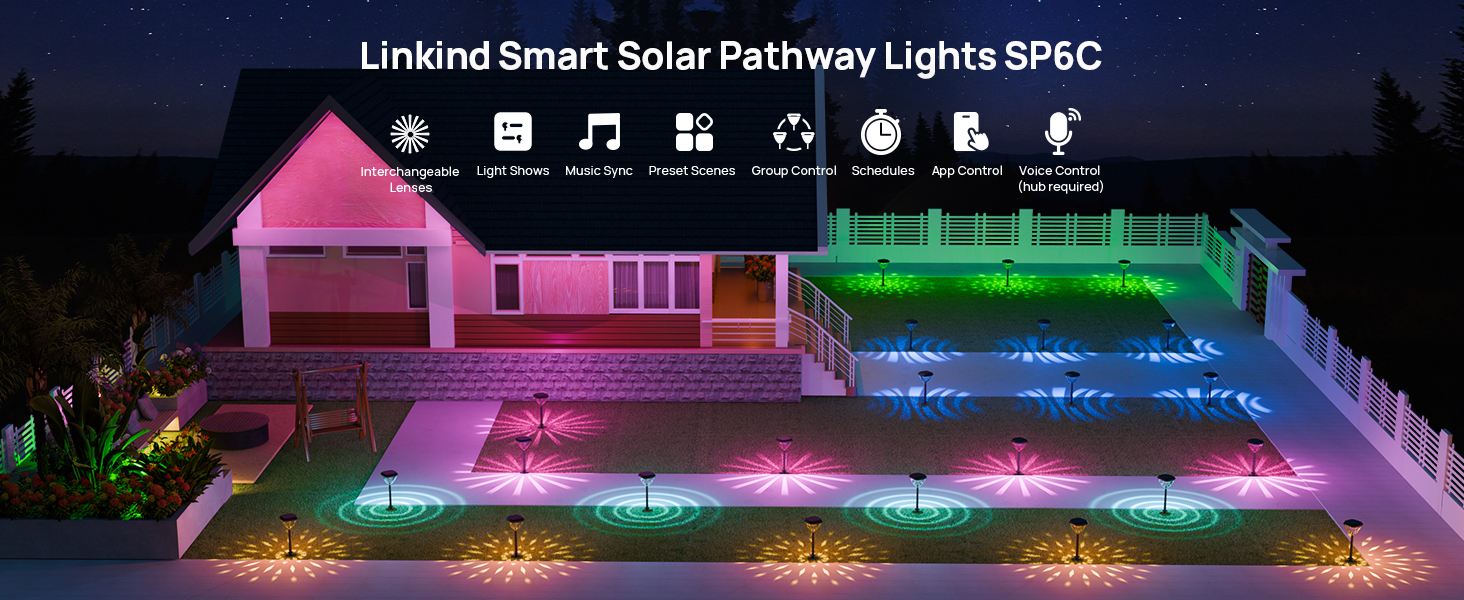 thumbnail video image 2 of Linkind Smart Solar Pathway Lights SP6, in-App Pattern Switching Solar Lights Outdoor Waterproof, Solar & Wired Charging Color-Changing Landscape Lighting, Garden Decor for Yard, Patio (4 Pack), 2 of 10