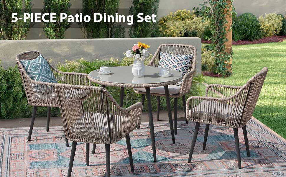 thumbnail video image 2 of JOIVI 5-Piece Outdoor Dining Set, Wicker Patio Dining Set, Rattan Patio Furniture Table and Chairs Set for 4 People, with Umbrella Hole for Lawn, Backyard, Garden, Tan, 2 of 13
