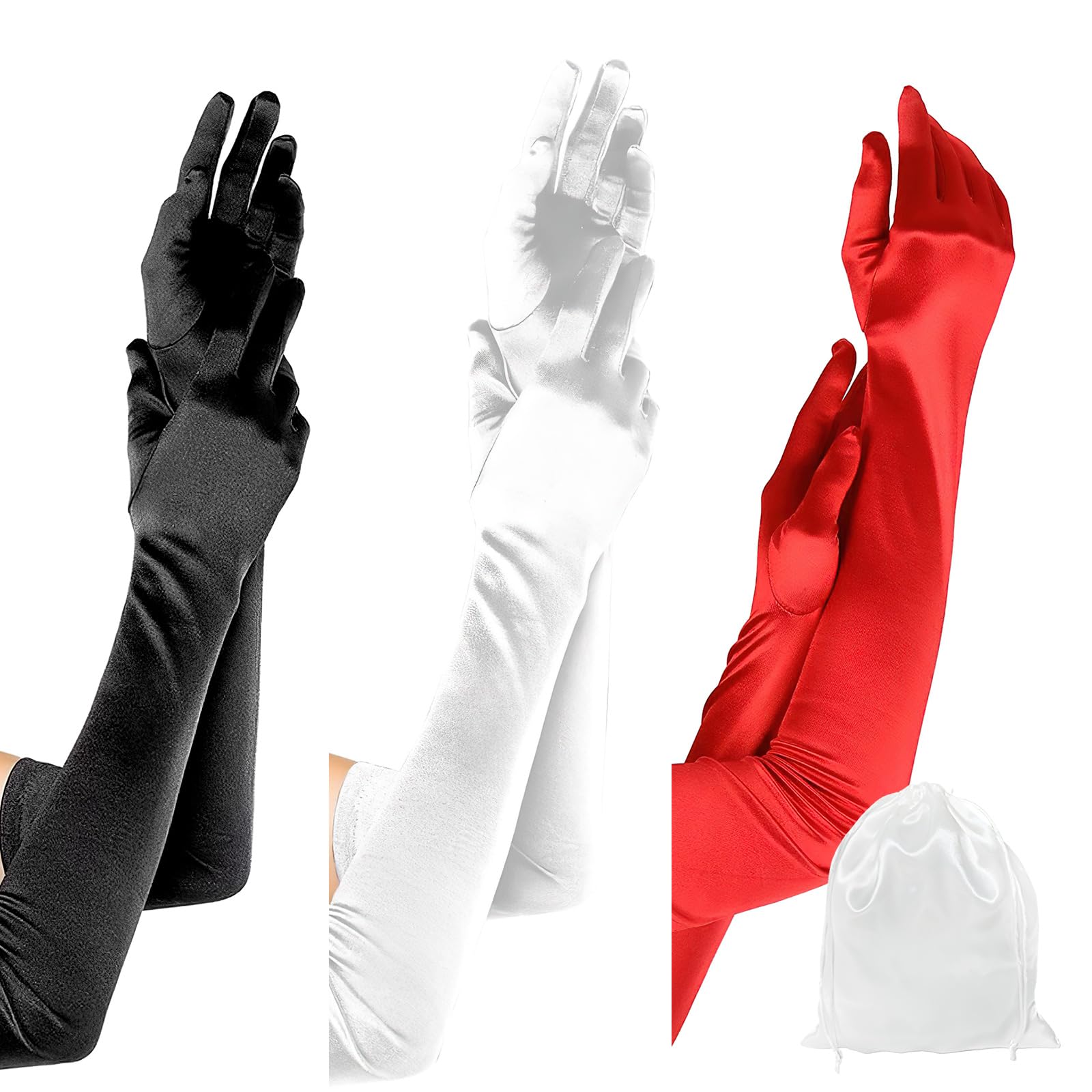 thumbnail video image 2 of Vegcoo Elegant Formal Satin Opera Gloves for Women, 3 Pairs - White, Red, Black, 2 of 8