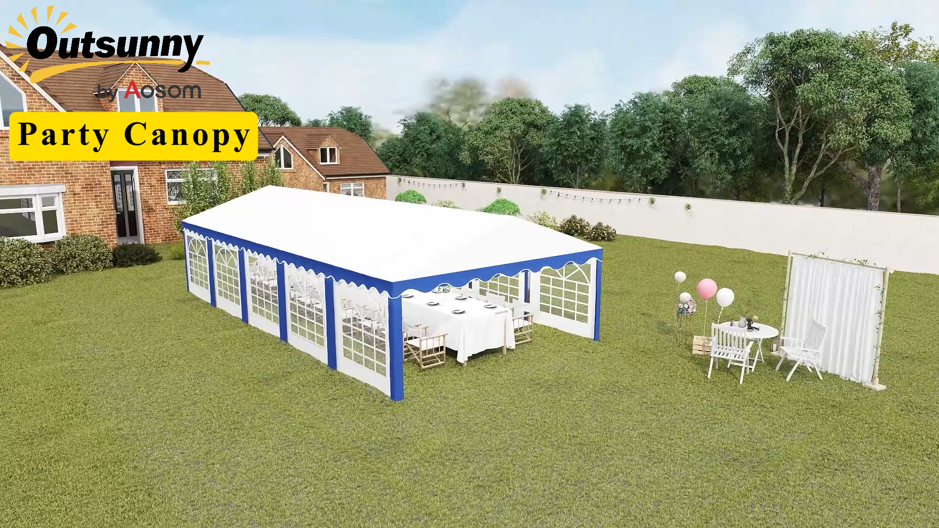 thumbnail video image 2 of Outsunny 16.5' x 33' Large Party Tent, Heavy Duty Outdoor Canopy Tent Shelter with Removable Sidewalls, 10 Windows, Blue, 2 of 10