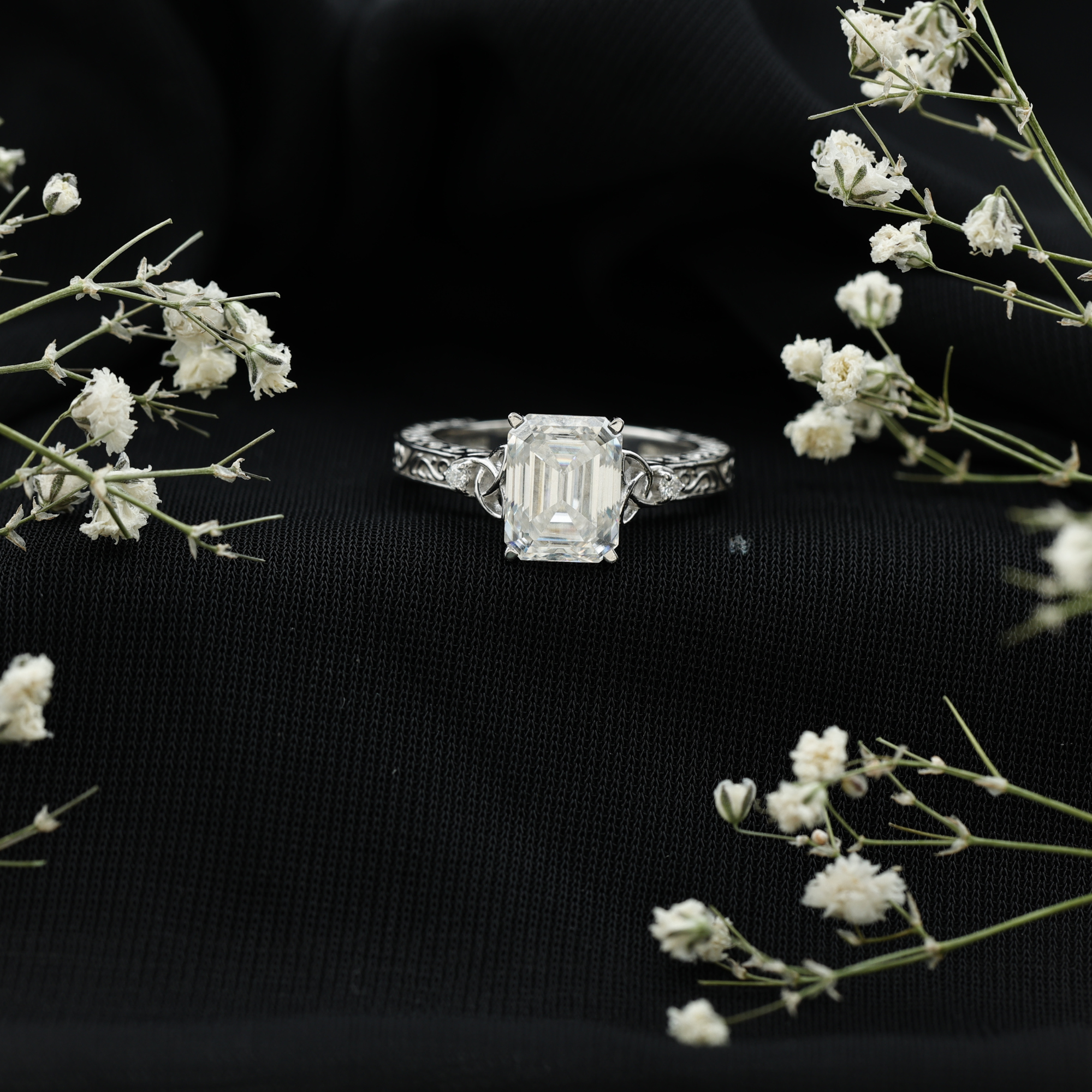 thumbnail video image 2 of Rosec Jewels Moissanite Emerald Cut Engagement Ring 2 Ct - 7X9 mm - Celtic Knot Ring - D-VS1 Quality Certified, 18K Yellow Gold, US 6.00, 2 of 9
