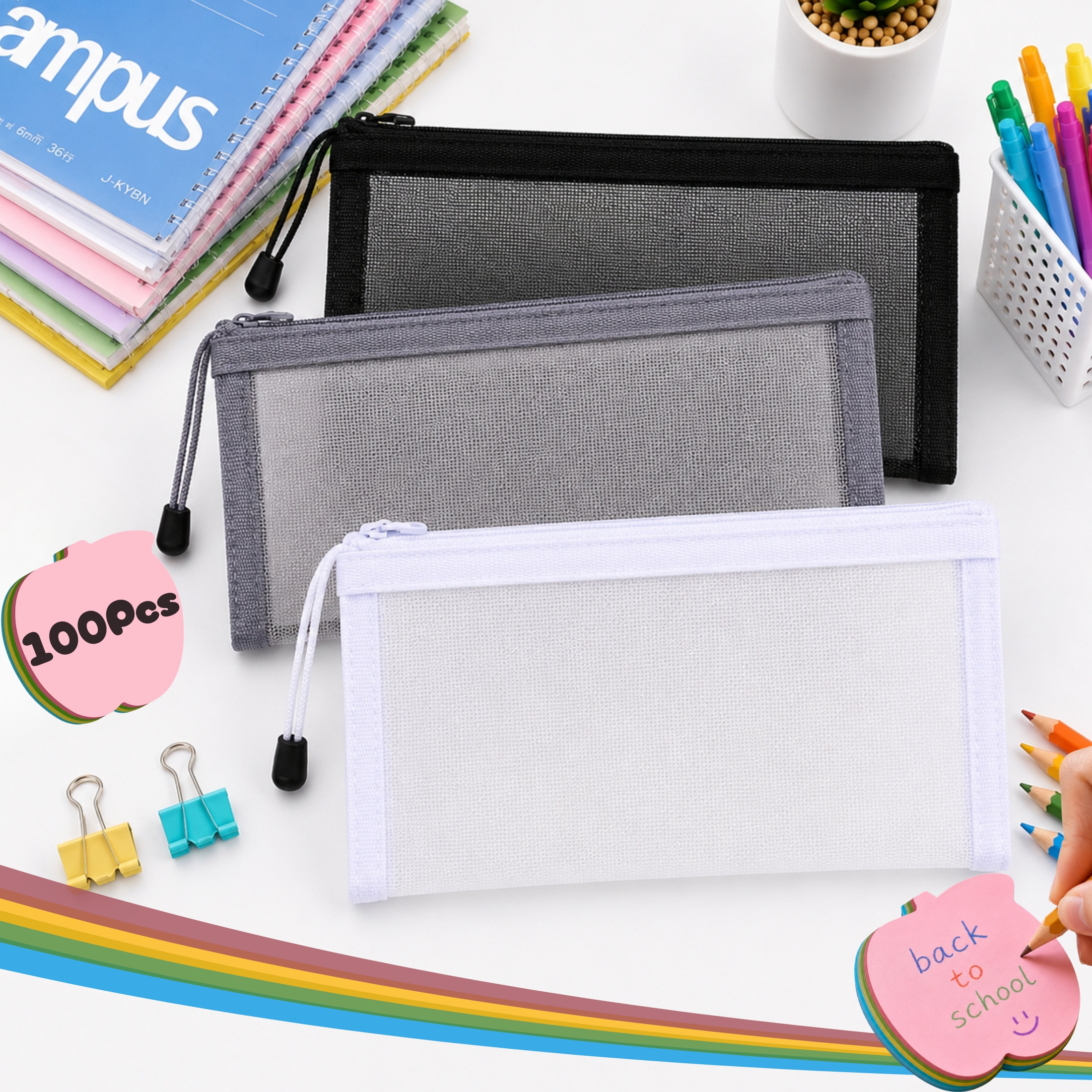 thumbnail video image 2 of Mesh Pencil Case, Black Large Capacity Nylon Mesh Pencil Pouch, Back to School Supplies Organizer for Students College Office Desk Supplies, 2 of 9