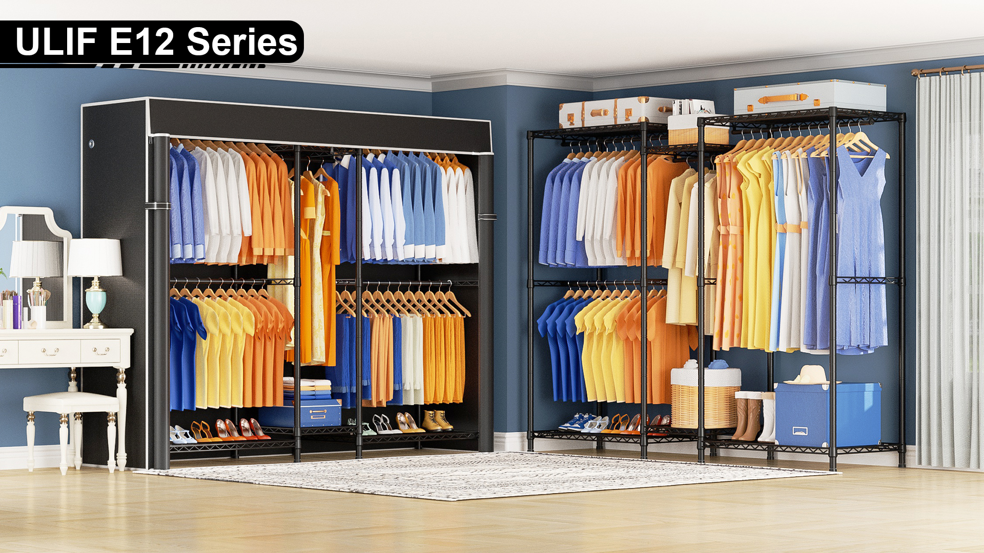 thumbnail video image 2 of Ulif E12 Clothes Rack,Heavy Duty Freestanding Garment Rack with Shelves,Metal Clothing Closet Storage System for Hanging Clothes，71" W x 16" D x 76.5" H, Hold 960 lbs，White, 2 of 7