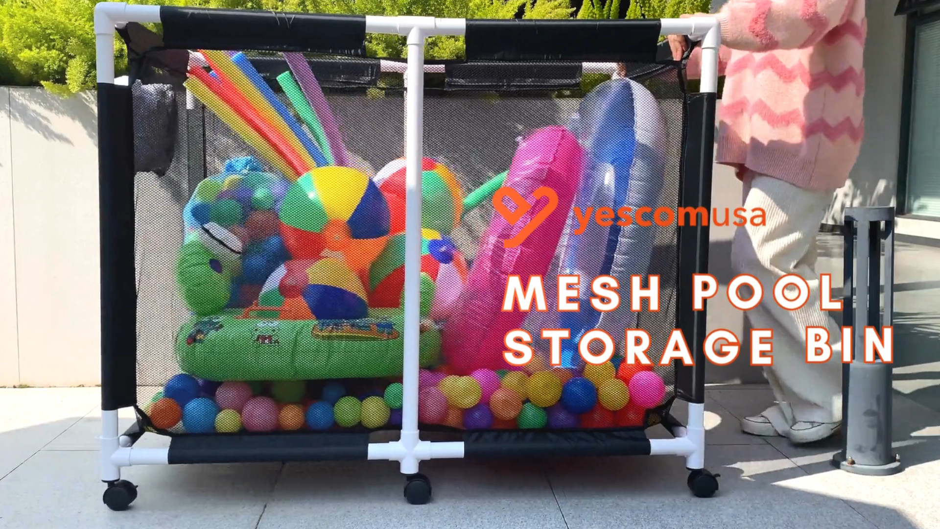 thumbnail video image 2 of Yescom Extra Large Mesh Pool Storage Bin 214 Gallon Toys Holder 6 Wheels Rolling Cart Black, 2 of 10