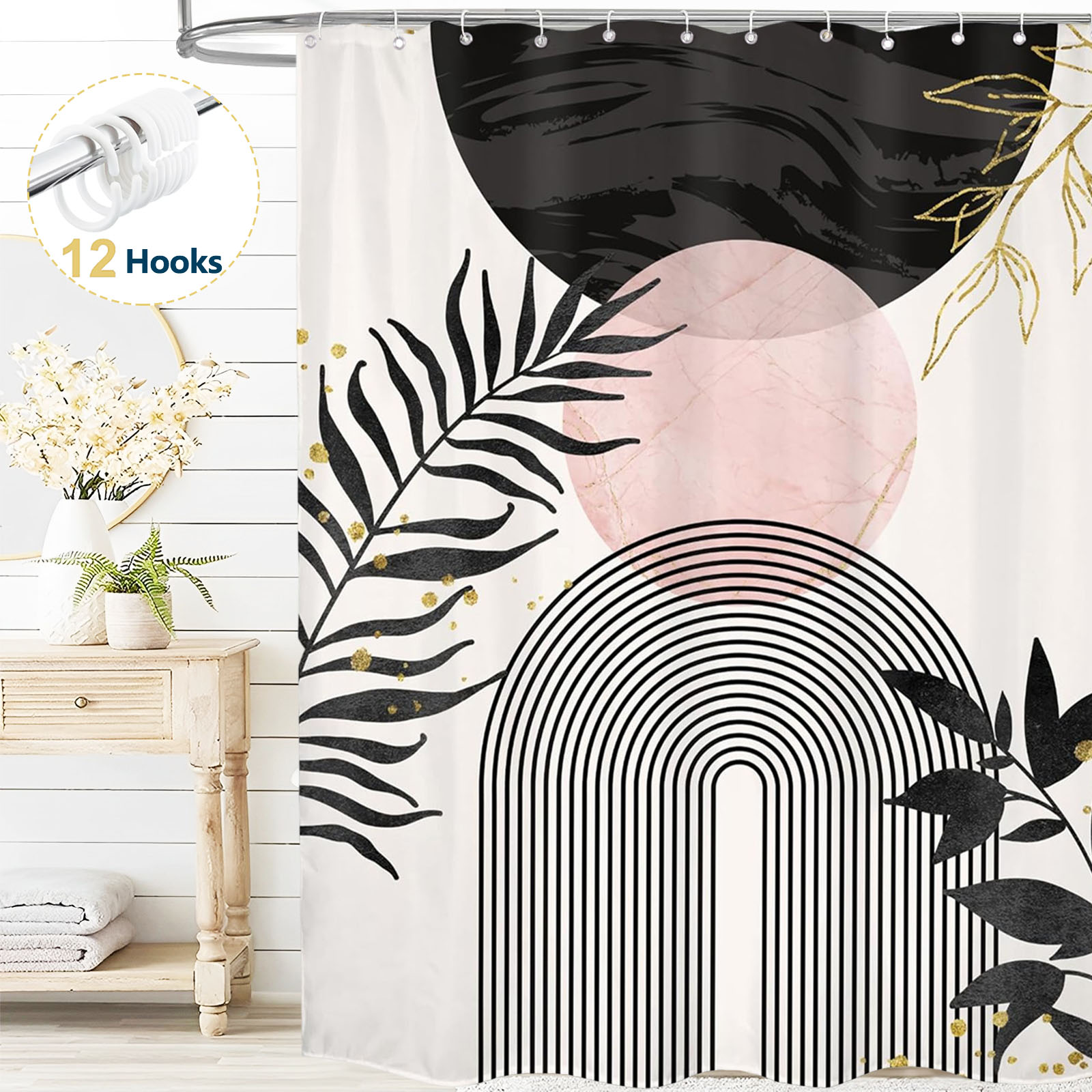 thumbnail video image 2 of Dznils Boho Shower Curtain with Hooks, Modern Abstract Fabric Bathroom Curtain, 72" x 72", Black, 2 of 11