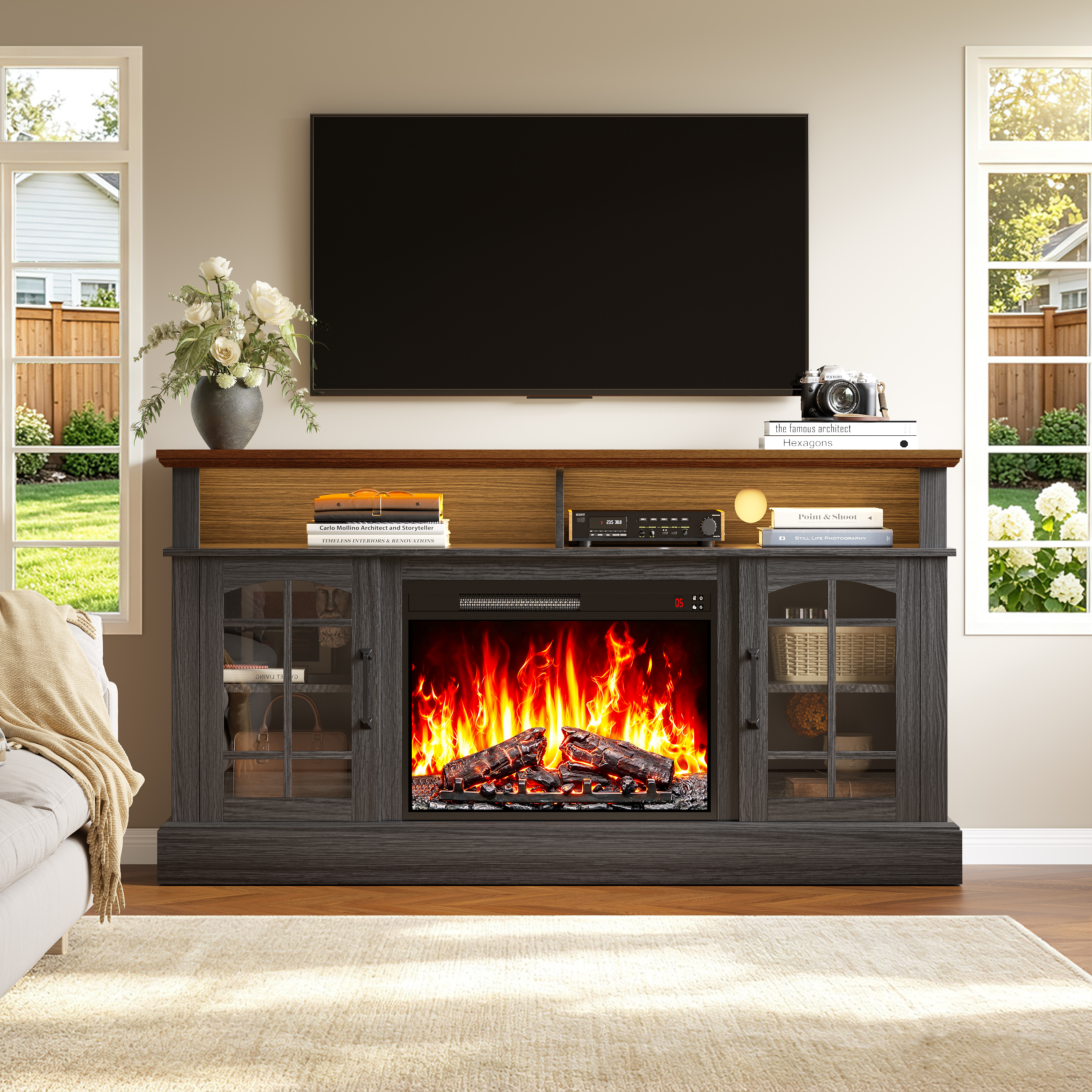 thumbnail video image 2 of PAPROOS Fireplace TV Stand with LED Lights for 65" TVs, Electric Entertainment Center with 23'' Fireplace, for 400 Sqt Heating Area, Brown Tabletop&Black Cabinet, 2 of 10