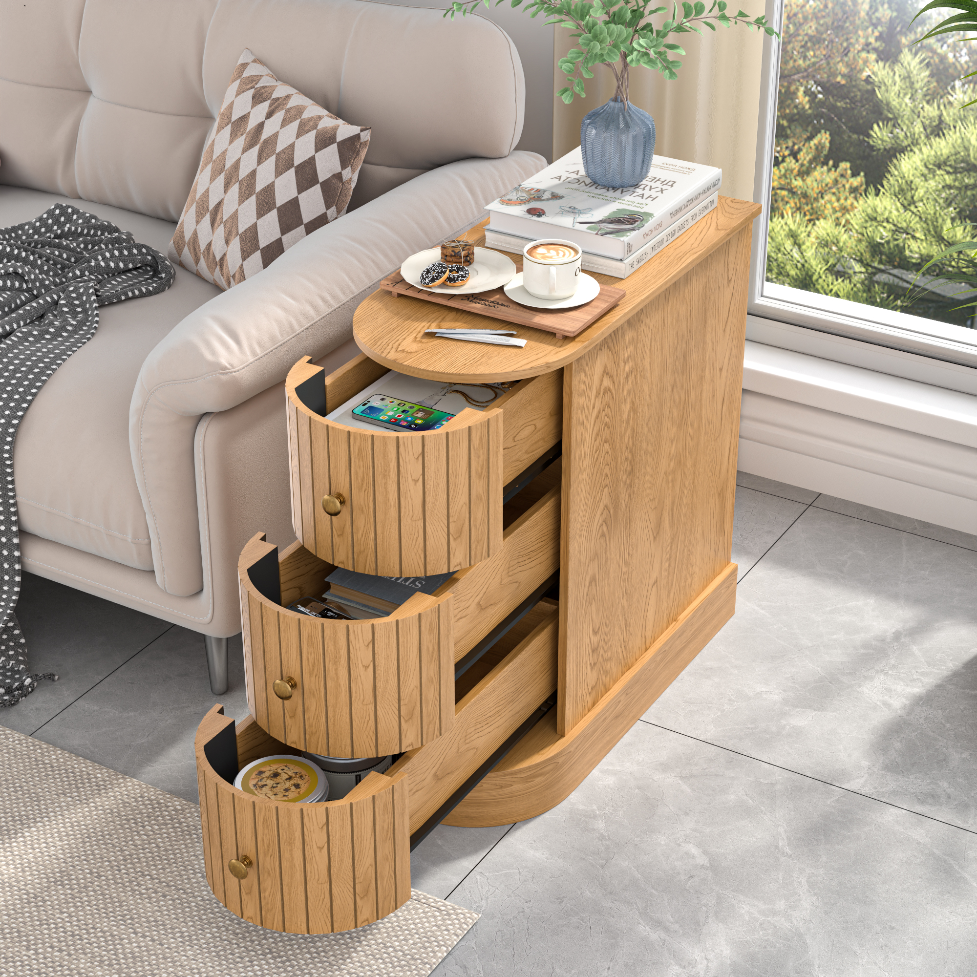 Wood End Table with 3 Drawers, Narrow Sofa Side Table, Nightstand for ...