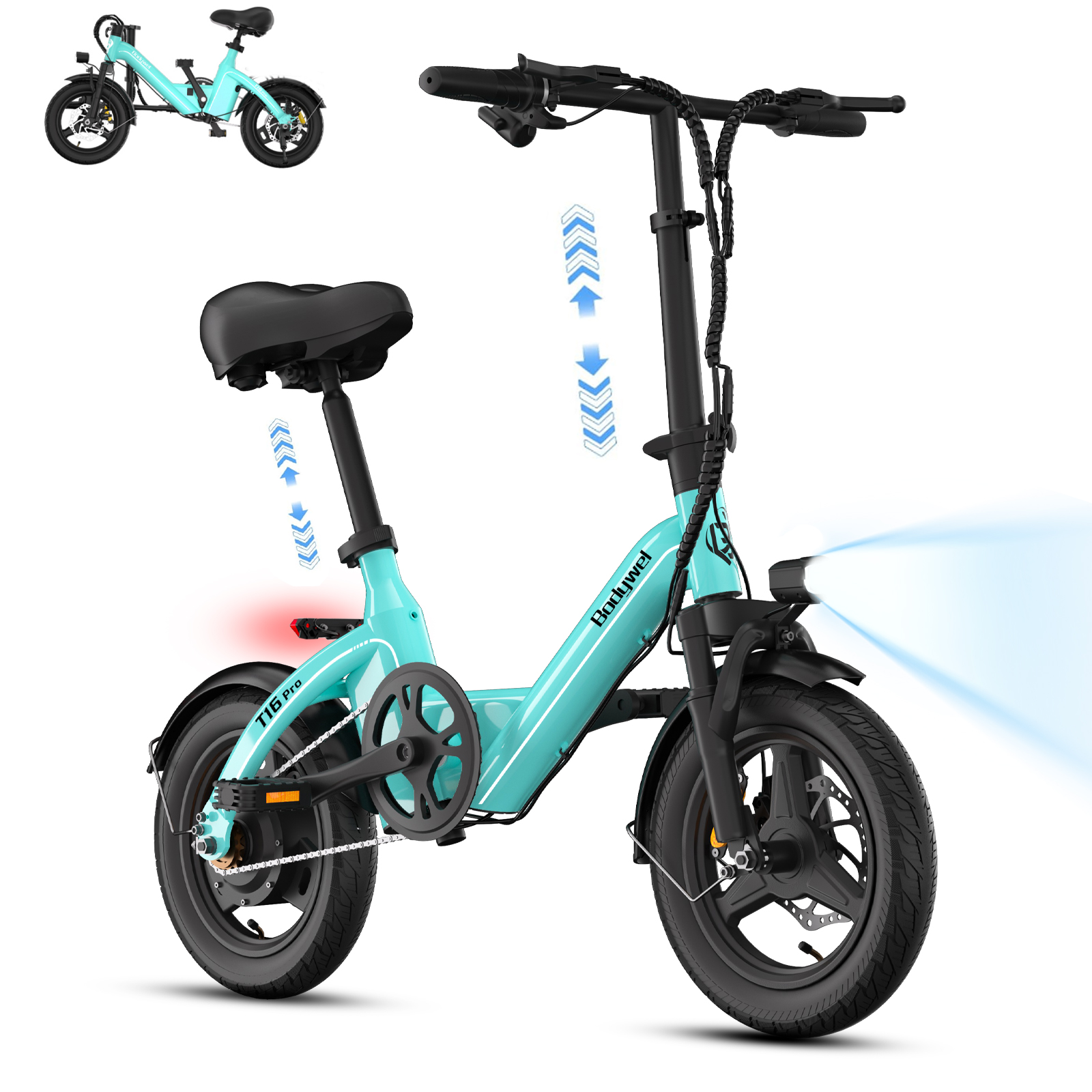 thumbnail video image 2 of Bodywel 14" Folding Electric Bike for Adults and Teens, 36V 10Ah Battery, Peak 500W E Bike, 20 MPH, 15~20 Travel Range, Commuter Ebikes, UL2849, 2 of 11