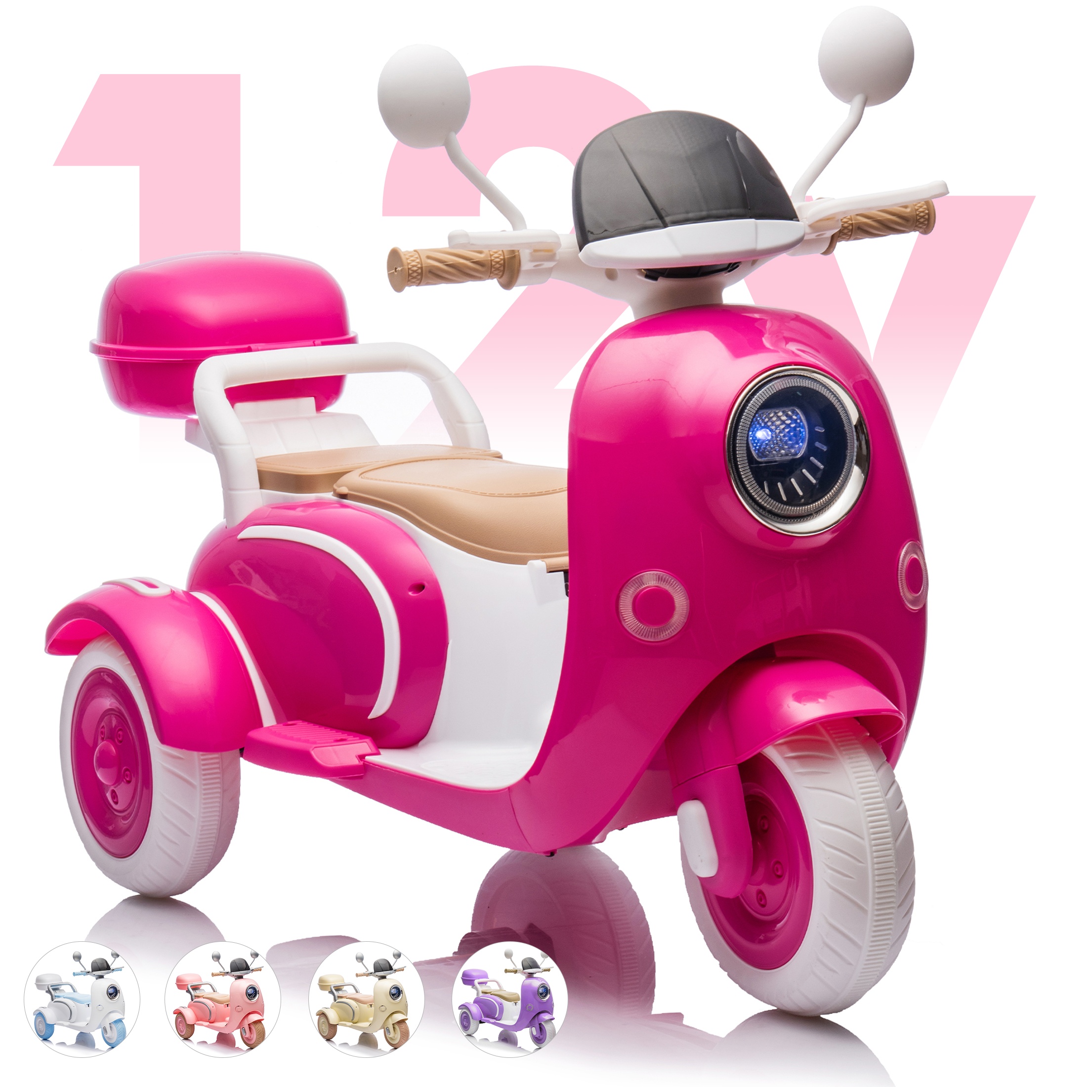 thumbnail video image 2 of QEEKA 12V Electric Kids Motorcycle,2 Seater Ride on 3 Wheel Scooter with 2.4G Parental Remote Control,USB,Music,Horn,Light,Big Storage Box,Dual Motor Electric Moped for Kids 3+,Rose Red, 2 of 10