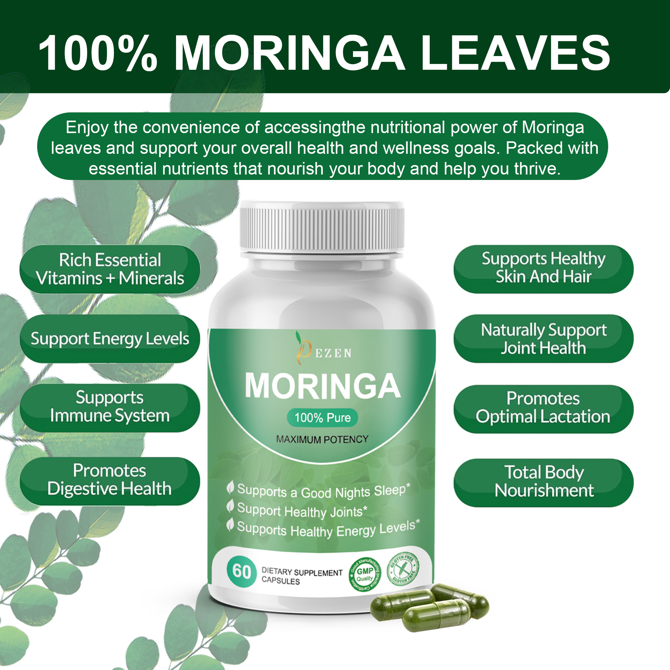thumbnail video image 2 of DEZEN Moringa Oleifera Capsules 800mg– Herbal Superfood Supplement, Antioxidant & Immune Support Pack 2, 2 of 9
