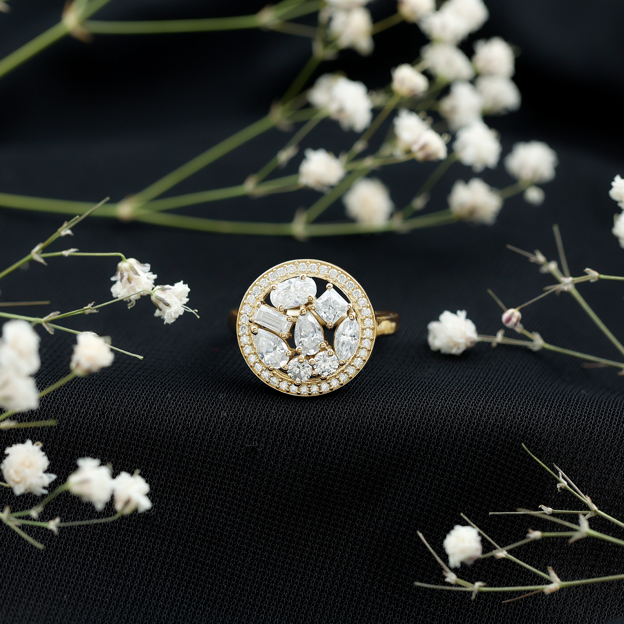 thumbnail video image 2 of Rosec Jewels Moissanite Cocktail Ring for Women - D-VS1 Quality Certified Moissanite Large Cluster Ring with Halo - Ready to Gift, 925 Sterling Silver, US 4.00, 2 of 9