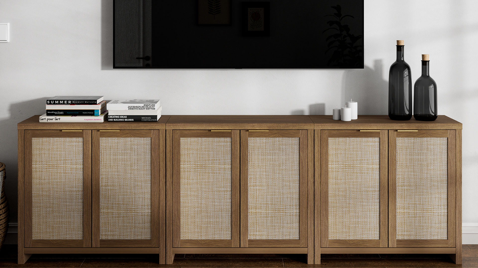 thumbnail video image 2 of ARKANTOS Rattan Sideboard Buffet Cabinet with 2 Doors and Adjustable Shelves, Light Natural Oak, 2 of 8