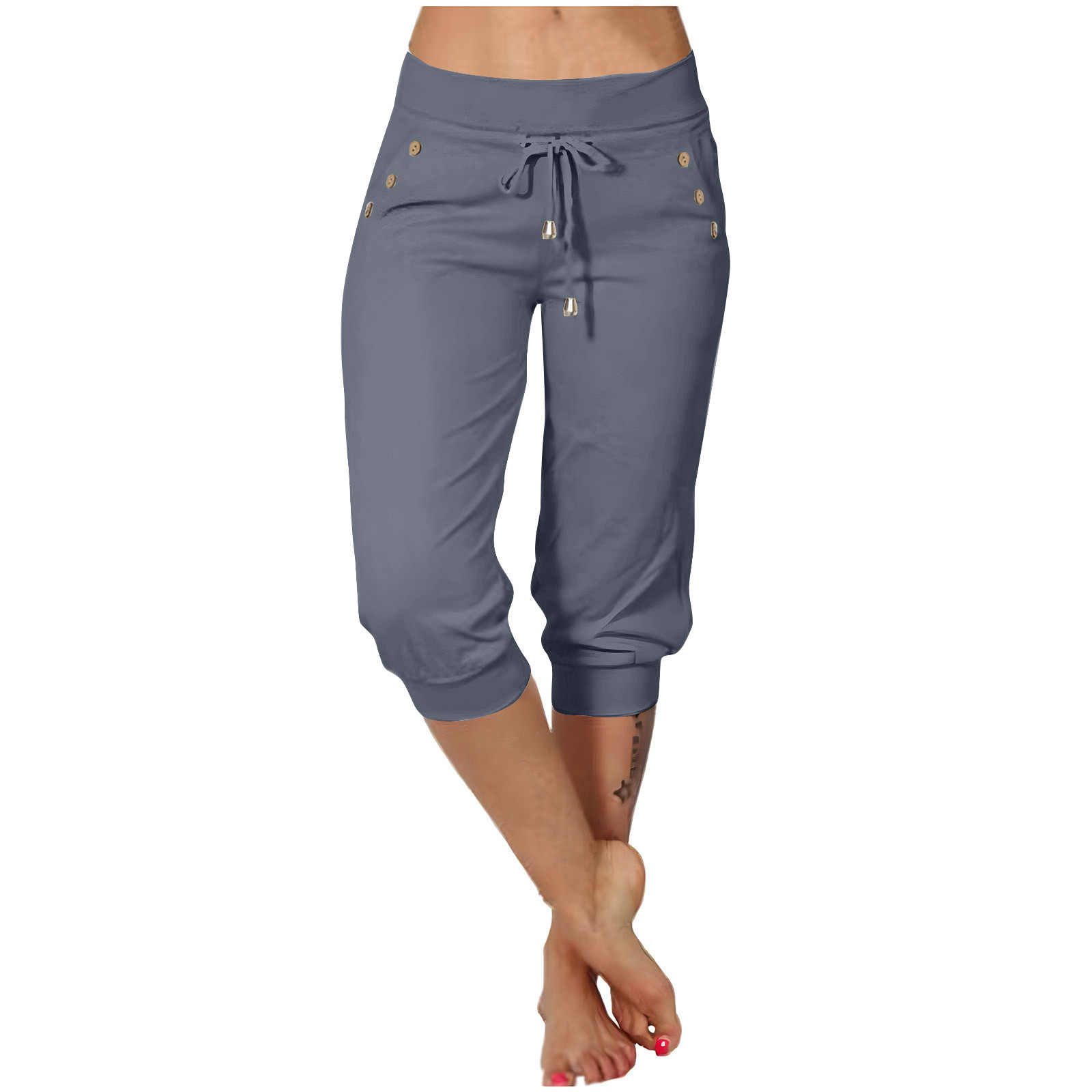thumbnail video image 2 of Women's Low Rise Capri Pants Drawstring Slim Fit Comfy Button Joggers Casual Summer Stretch Lightweight Cropped Pants, 2 of 10