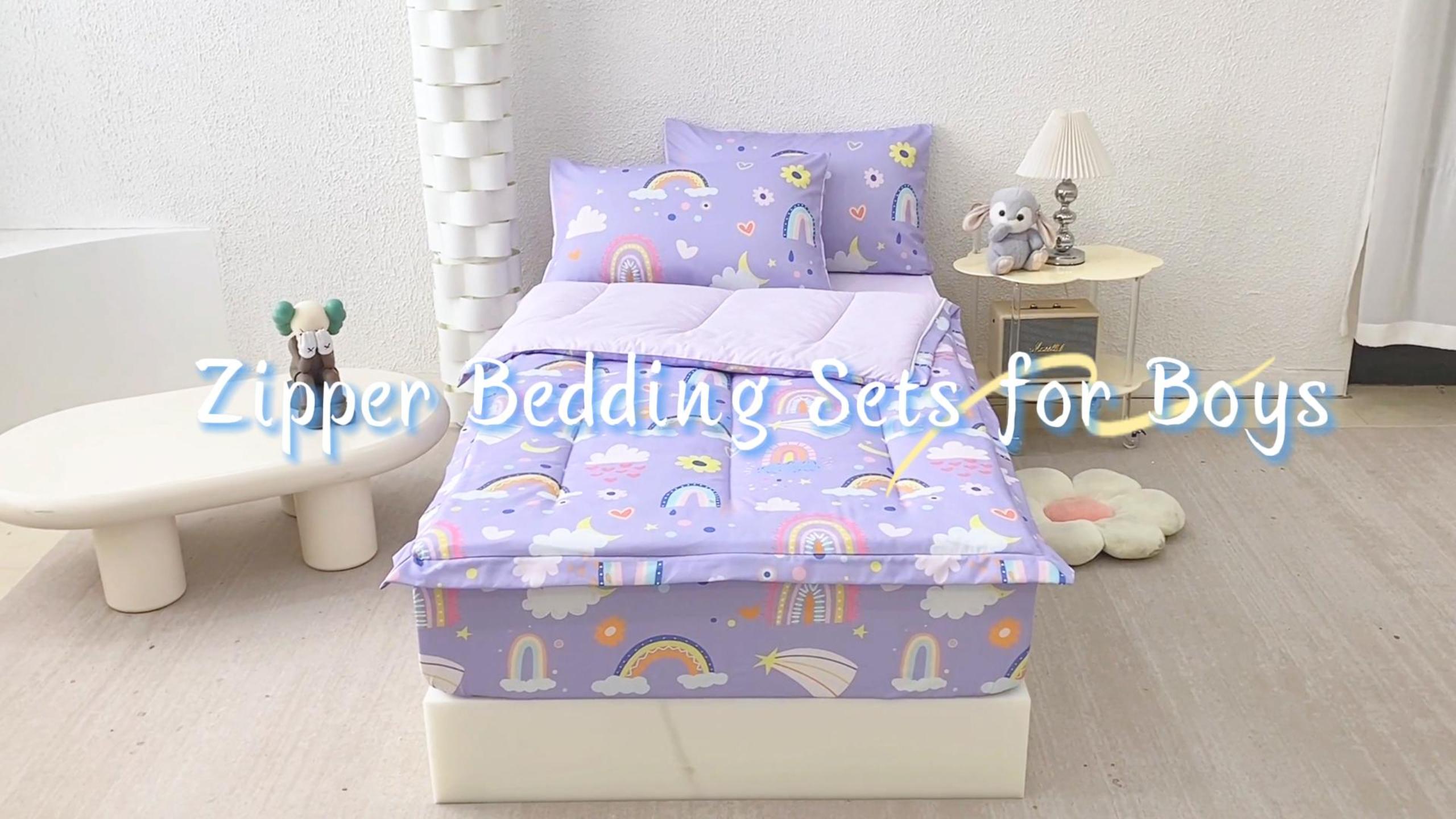 thumbnail video image 2 of ZRNBAST Zipper Kids Comforter Set, 3-Piece Purple Twin Bed in a Bag, Cartoon Rainbow Stars Flowers Printed Zip Up Comforter Set for Girls, All in one Zipper Bedding(Purple,Twin), 2 of 11