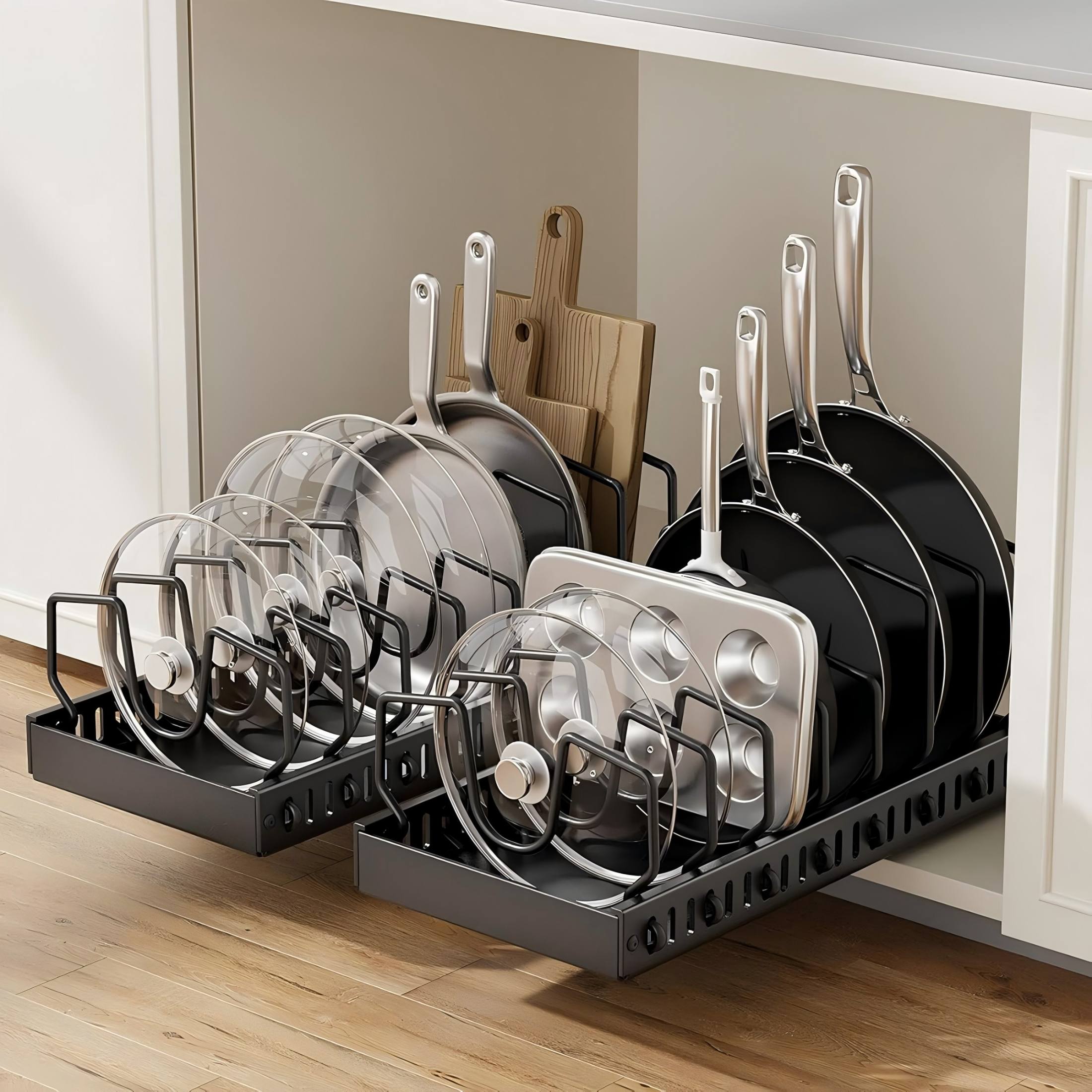 thumbnail video image 2 of YHIPL 2 Pack Pots and Pans Organizer Under Cabinet, Pull Out Pot Lid Organizer Holder with 16 Adjustable Dividers, Kitchen Countertop Lid Holder for Pot Lid, Bakeware, Dishes Storage, 2 of 8