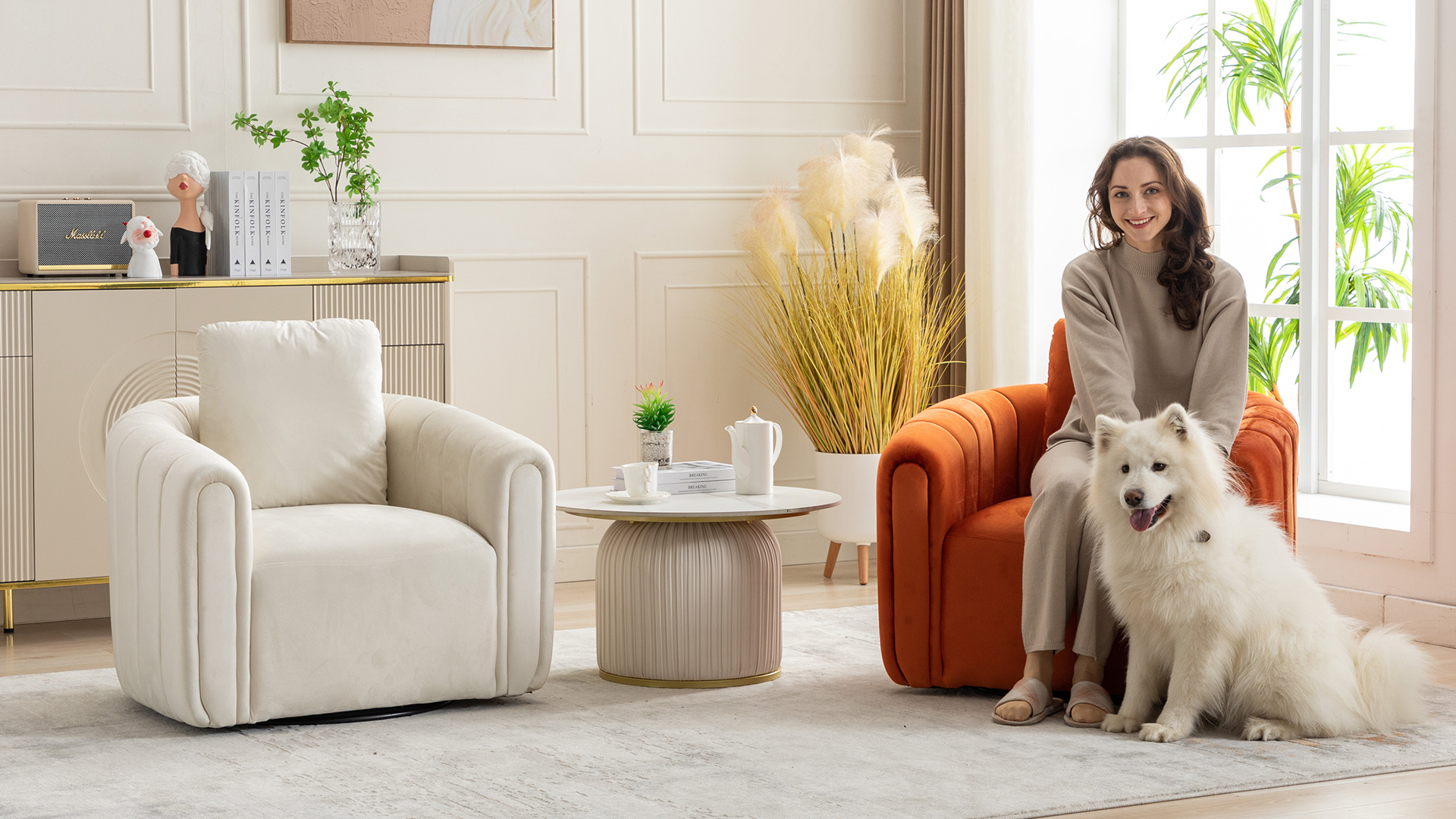 thumbnail video image 2 of Bonzy Home Swivel Accent Chair, Modern Velvet Living Room Chair with Pillow, Barrel Chair for Bedroom & Reading Corner (Orange,1 Pack，Fully Assembled ), 2 of 8