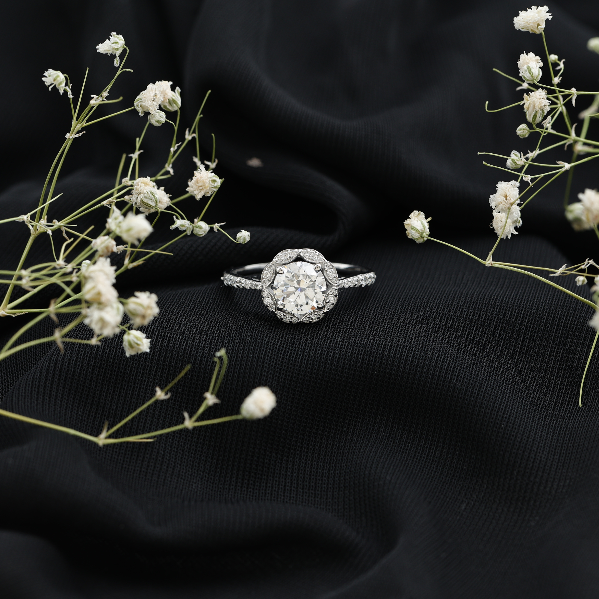 thumbnail video image 2 of Rosec Jewels - Lab Created Diamond Engagement Ring - Designer Floral Halo Ring - EF-VS Quality, 18K Yellow Gold, US 7.50, 2 of 8
