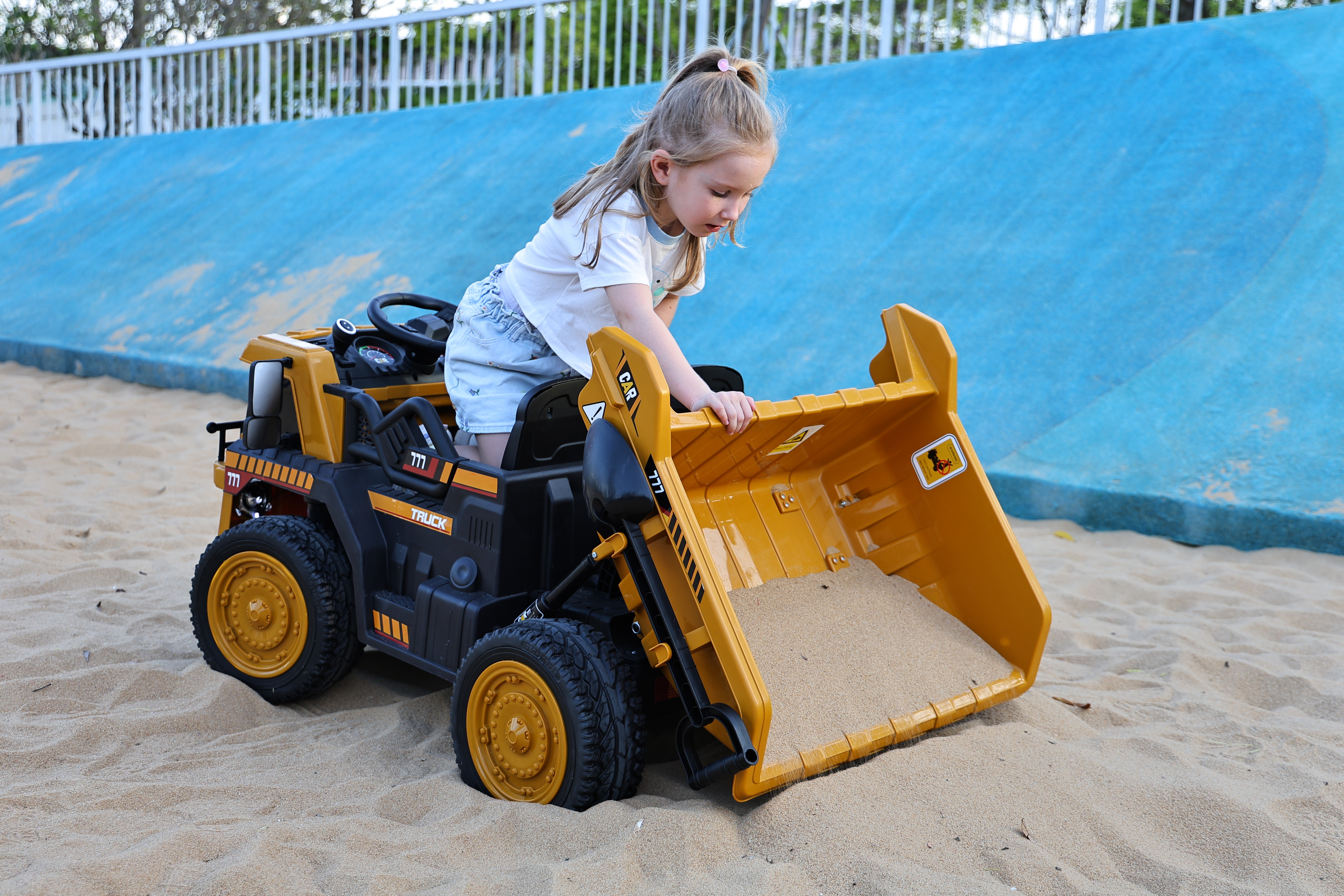 thumbnail video image 2 of TOKTOO 24V Ride on Dump Truck, Kids Ride on Toys with EVA Tires, Electric Dump Bed, Remote Control, Bluetooth, Yellow Ride on Cars for Age 3-6 Years, 2 of 8
