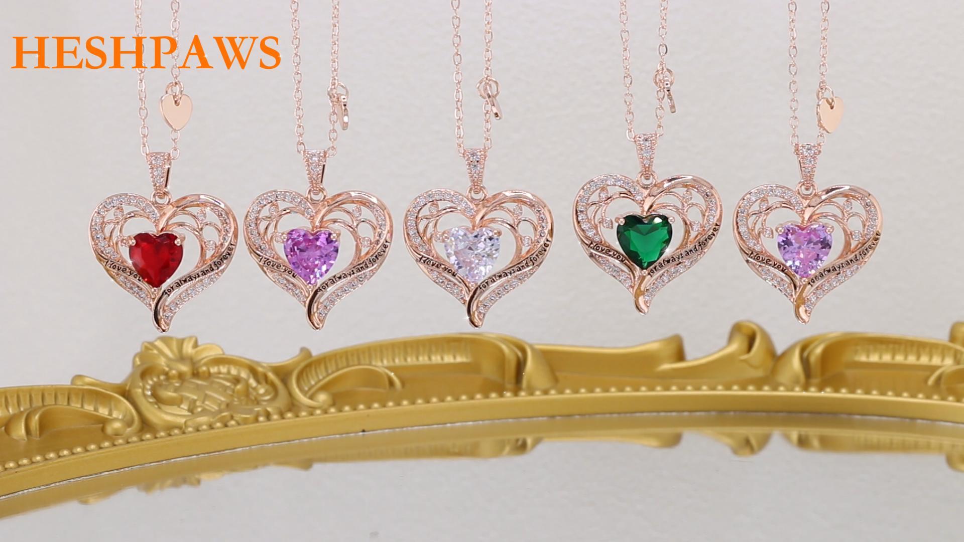 thumbnail video image 2 of HESHPAWS Love Pendant Necklaces for Women With Birthstone Zirconia, Christmas Birthday Anniversary Jewelry Gift for Women Wife, 2 of 6