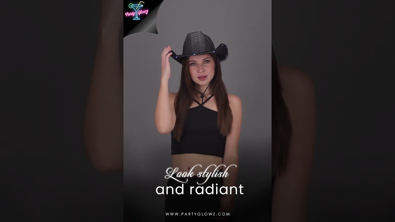 thumbnail video image 2 of Light up LED Flashing Sequin Cowboy Hat (Black) – Sparkly Glitter Cowgirl Hat for Disco, Birthday, Party by PartyGlowz, 2 of 7