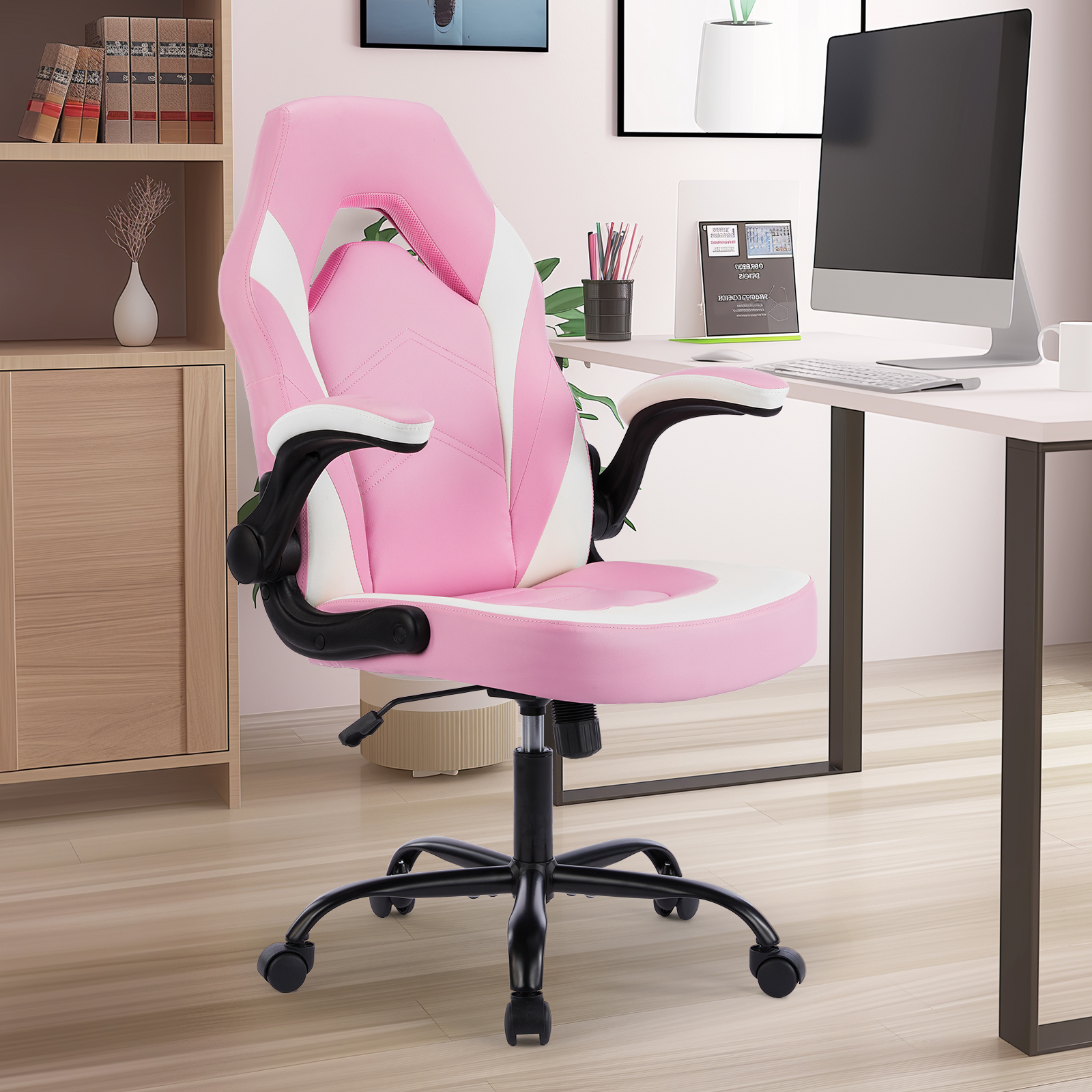 thumbnail video image 2 of JONPONY Ergonomic Gaming Desk Chair - Adjustable PU Leather Swivel Racing Chair with Flip-up Armrests for Home Office and Entertainment, Perfect for Adults, Kids, and Gamers, Pink White, 2 of 7