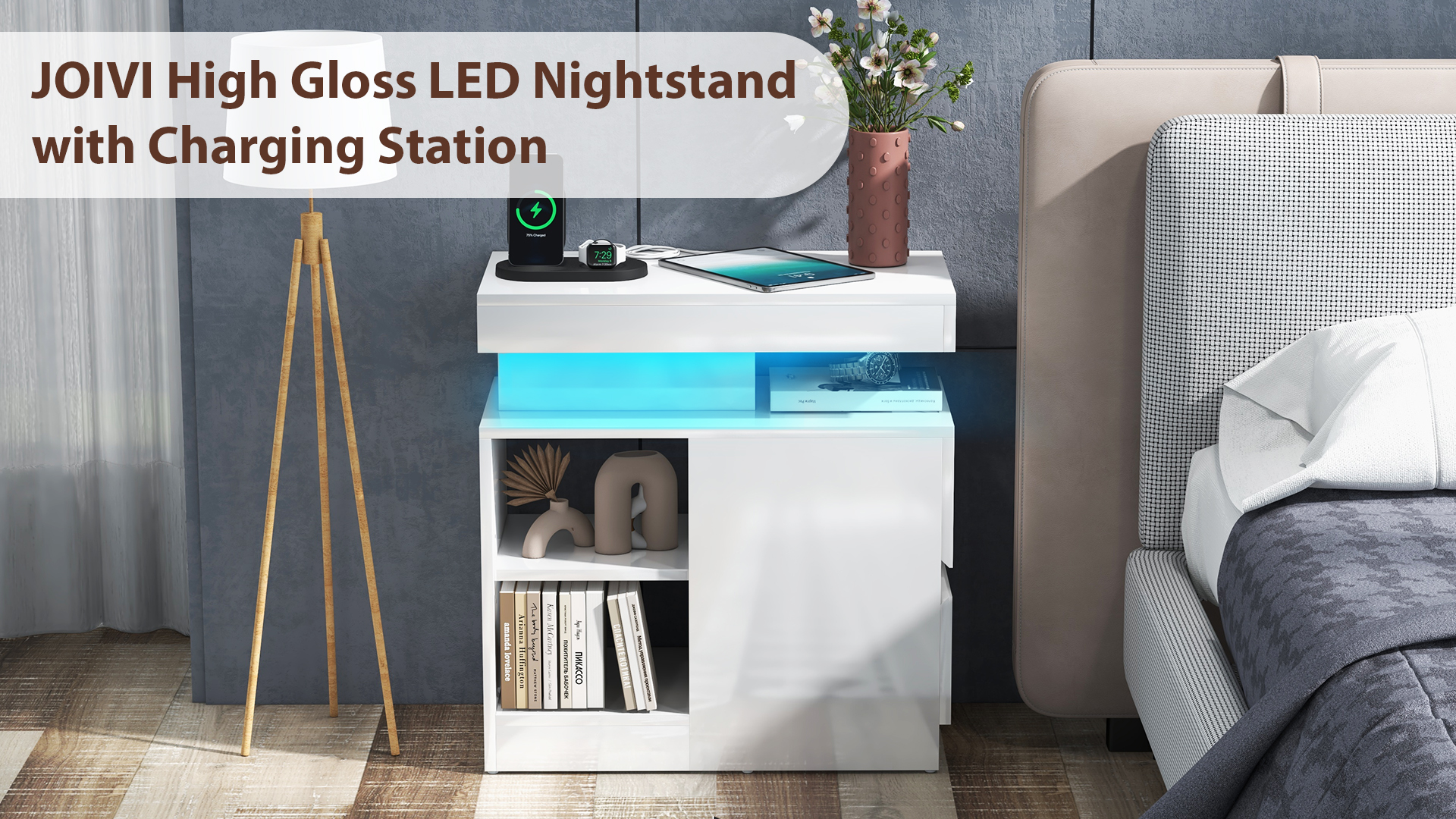 thumbnail video image 2 of JOIVI LED Nightstand with Charging Station, 2-Drawers High Gloss Bedside Table, Modern End Side Table with LED Lights, White, 2 of 11