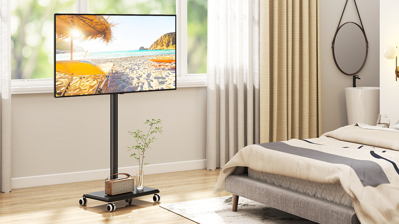 thumbnail video image 2 of RTVR Rolling TV Cart Stand with Wheels for 32-60 inch Screens, Swivel Mount Corner Mobile Portable TV Stand, Adjustable Black, 2 of 9