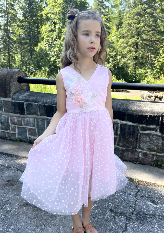 thumbnail video image 2 of Girls Dress Pink Polka Dot Floral Embroidery Pearl V Neck Sleeveless 7 Years, 2 of 9