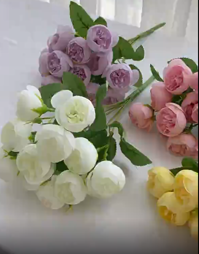 thumbnail video image 2 of Realistic Flowers,Artificial Flowers,15 Heads Artificial Tea Rose Peony Bouquet In Dusty Pink Color,Lifelike Fake Dew Lotus Floral Arrangement For Wedding Bridal Holding Table.（F）, 2 of 8