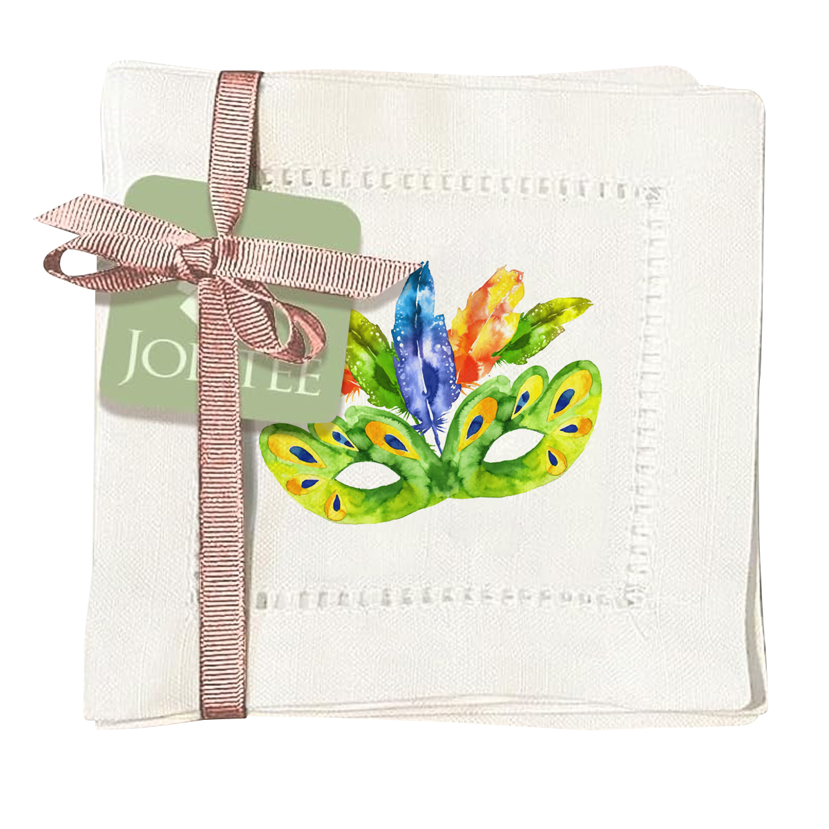thumbnail video image 2 of Jolitee Decorative Hemstitch Cocktail Napkins, 6"x6" Washable Linen-Like Cloth Napkins, Handmade for Entertaining and Everyday Use (Mardi Gras Mask), 2 of 9