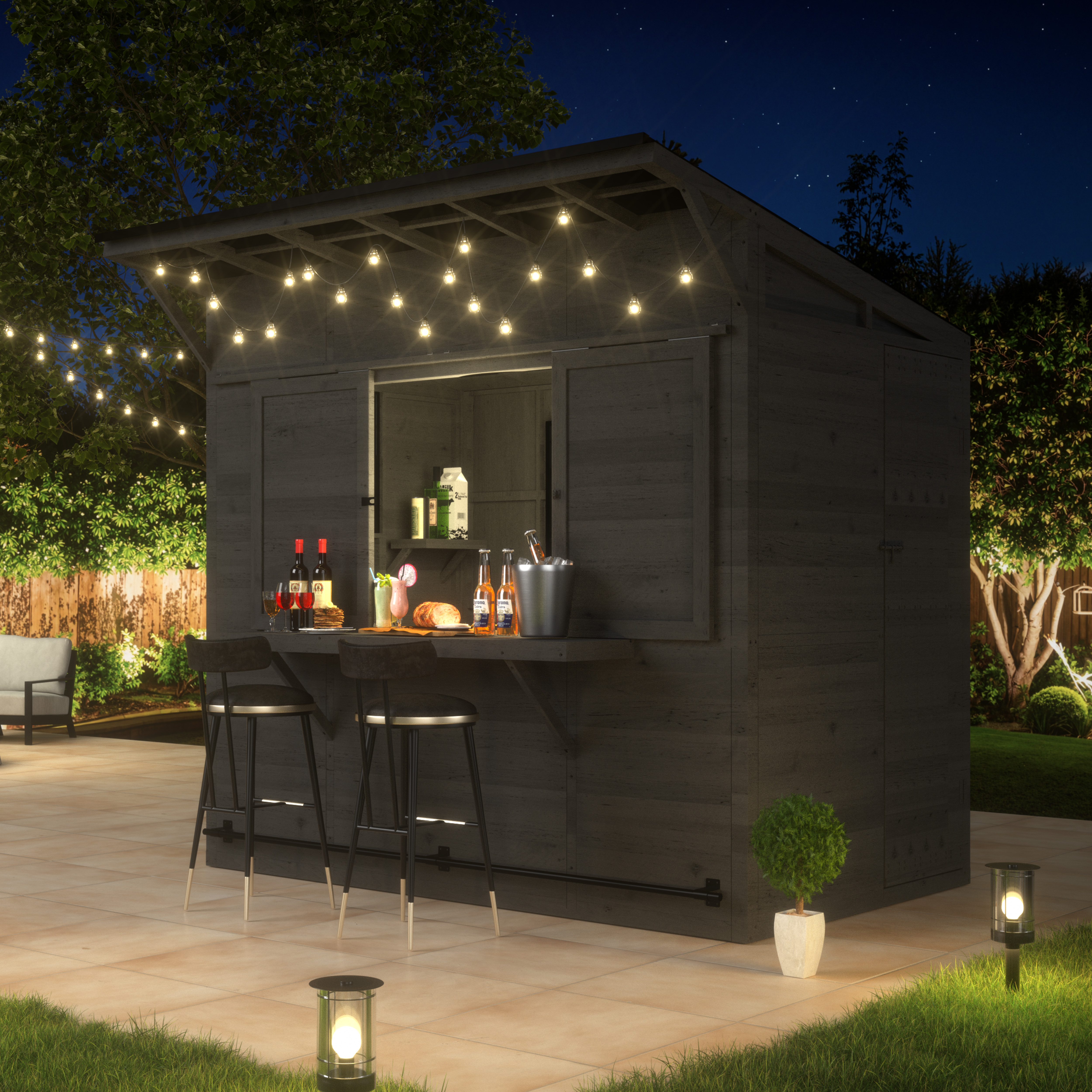 thumbnail video image 2 of VEIKOUS Outdoor Bar Shed W/TV Bracket, 8'x5' Wooden Backyard Pub with Foldable Bar Counter, Lockable Doors & Storage Shelves, Weatherproof Cedar Farmer Stand for Patio, Garden & Parties, 2 of 14