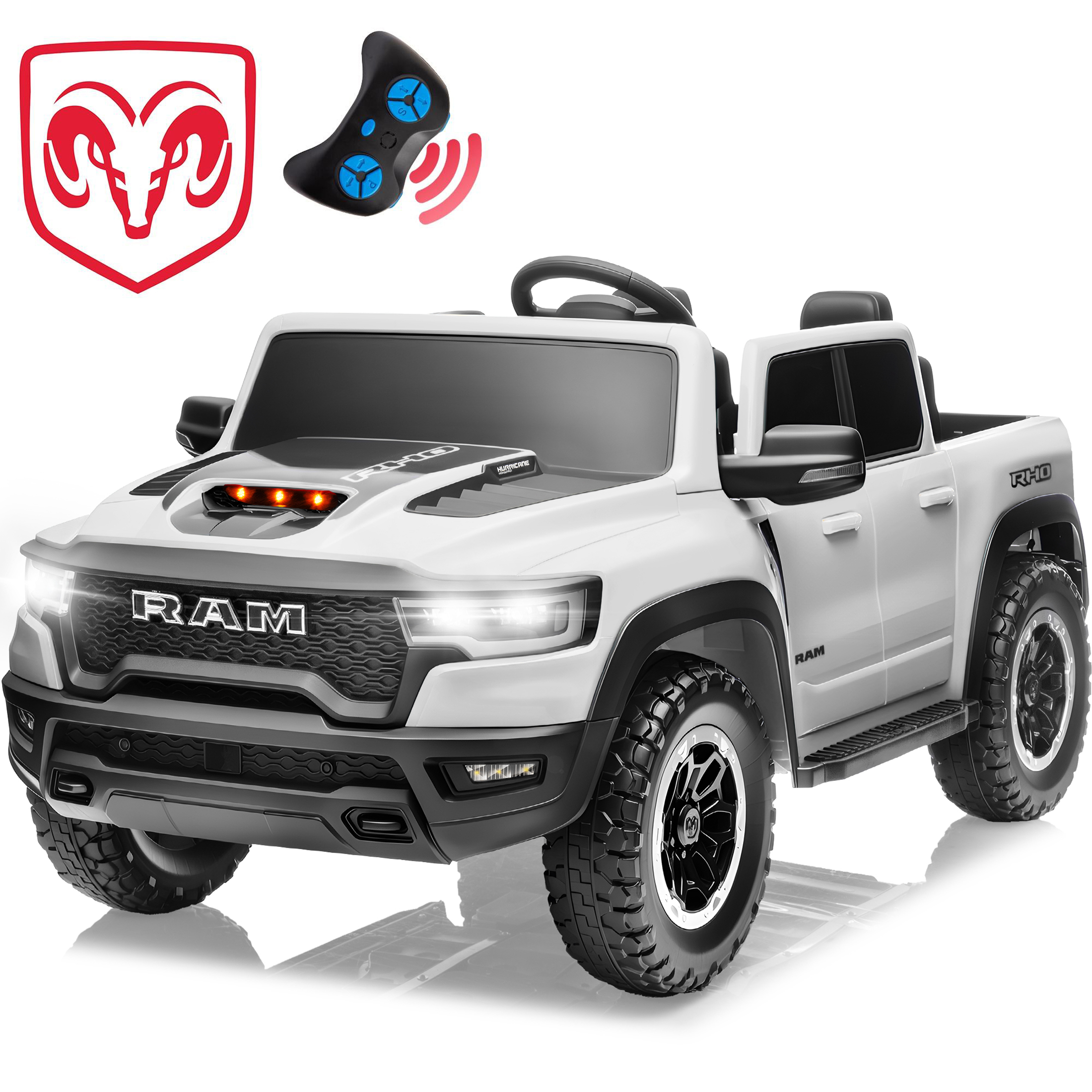 thumbnail video image 2 of RAM 1500 24V Powered Ride on Cars for Kids, Extra large Real 2 Seat Ride on Toys with Remote Control, LED Light, MP3 Player, Electric Vehicles Ride on Truck for Boys Girls Gifts, White, 2 of 9