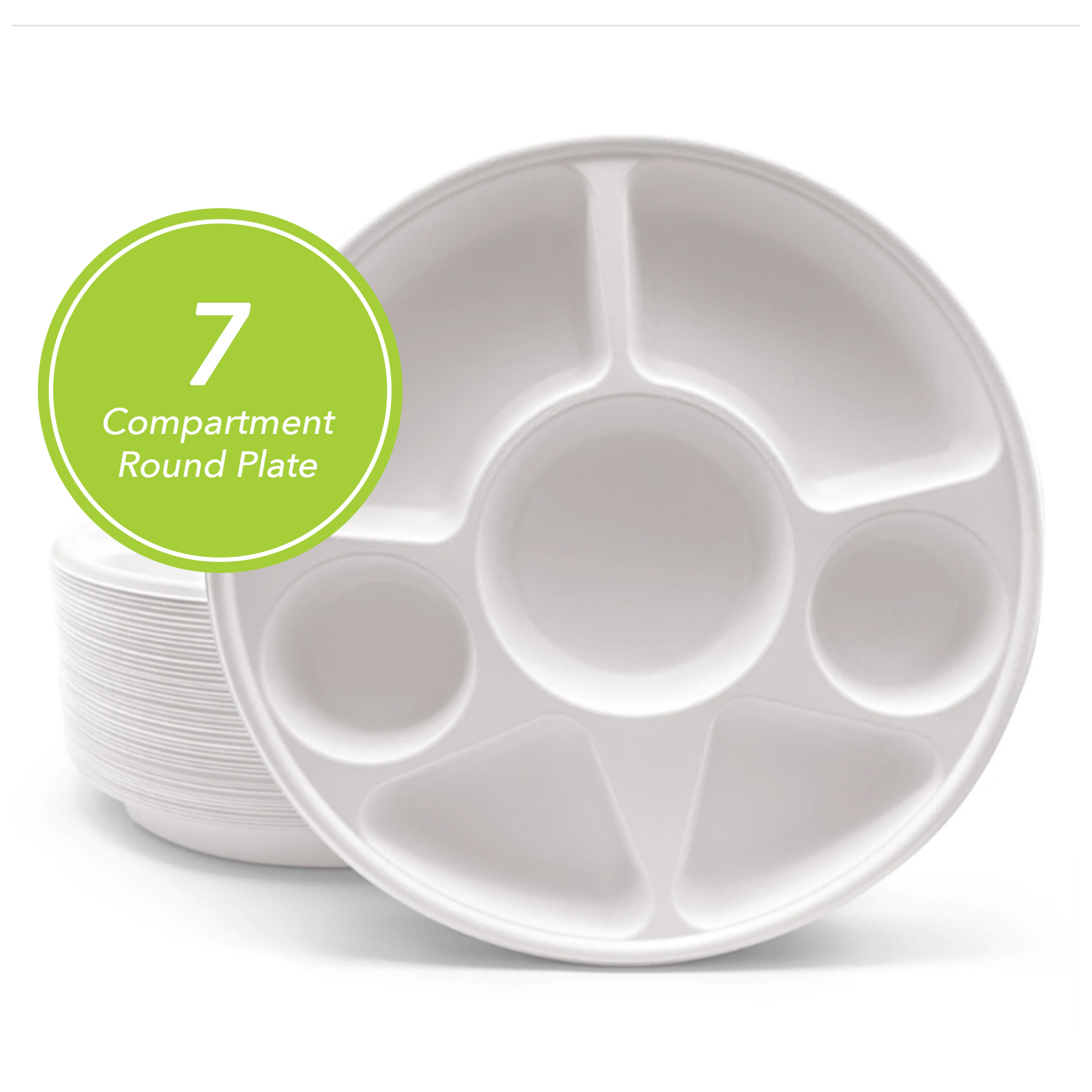 thumbnail video image 2 of Three Leaf 7 Compartment Bagasse Round Plate, 200 ct, White, Eco-Friendly Disposable, 2 of 8