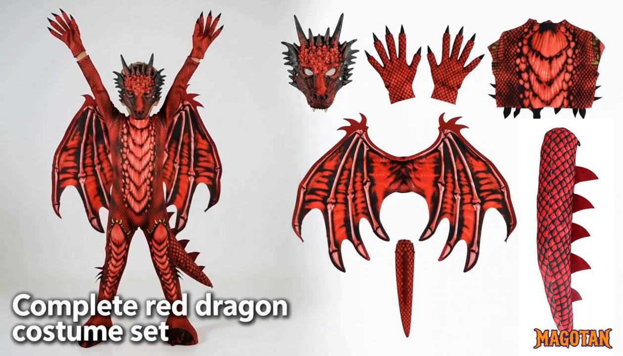 thumbnail video image 2 of Magotan Halloween Kids Dragon Costume,Kids Halloween Dress Up,Halloween Funny Costume Cosplay Dragon Jumpsuit,Red,M, 2 of 8
