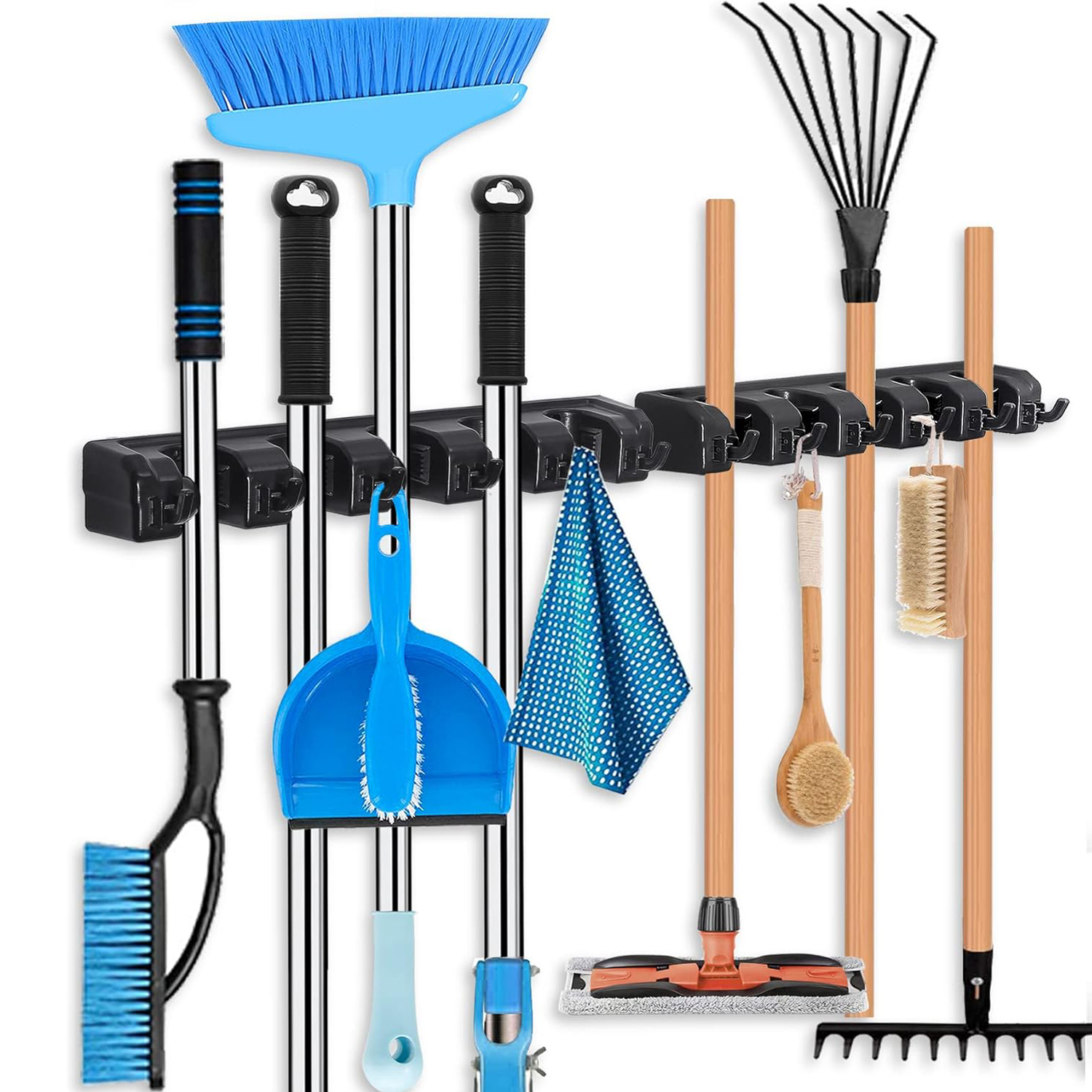thumbnail video image 2 of VANNYVANYA 2 Pack Wall Mount Mop Broom Holder, Heavy Duty Storage Organizer with 5 Slots 6 Hooks for Kitchen Garage Garden Laundry, 2 of 7