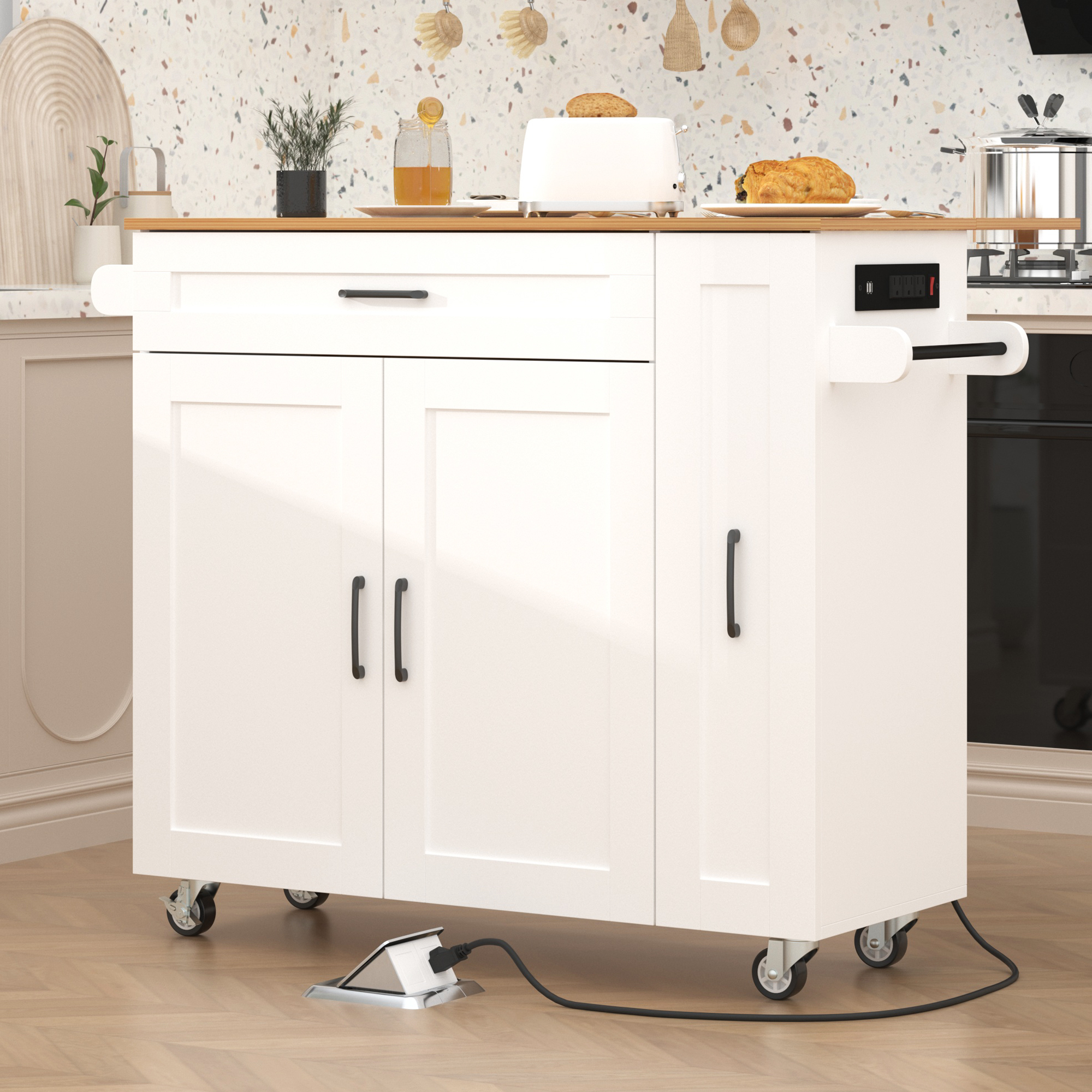 thumbnail video image 2 of NAIYUFA Kitchen Island with Wheels & Adjustable Shelf,Modern Kitchen Islands with Power Outlets,Door Storage Cabinet,Drawers, 2 of 9