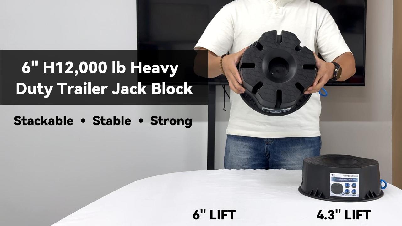 thumbnail video image 2 of TOWKING 4Pcak 12,000 lbs Heavy-Duty Trailer Jack Block – 6" Stackable RV Tongue Jack Stand for Travel Trailers & 5th Wheels, 2 of 5