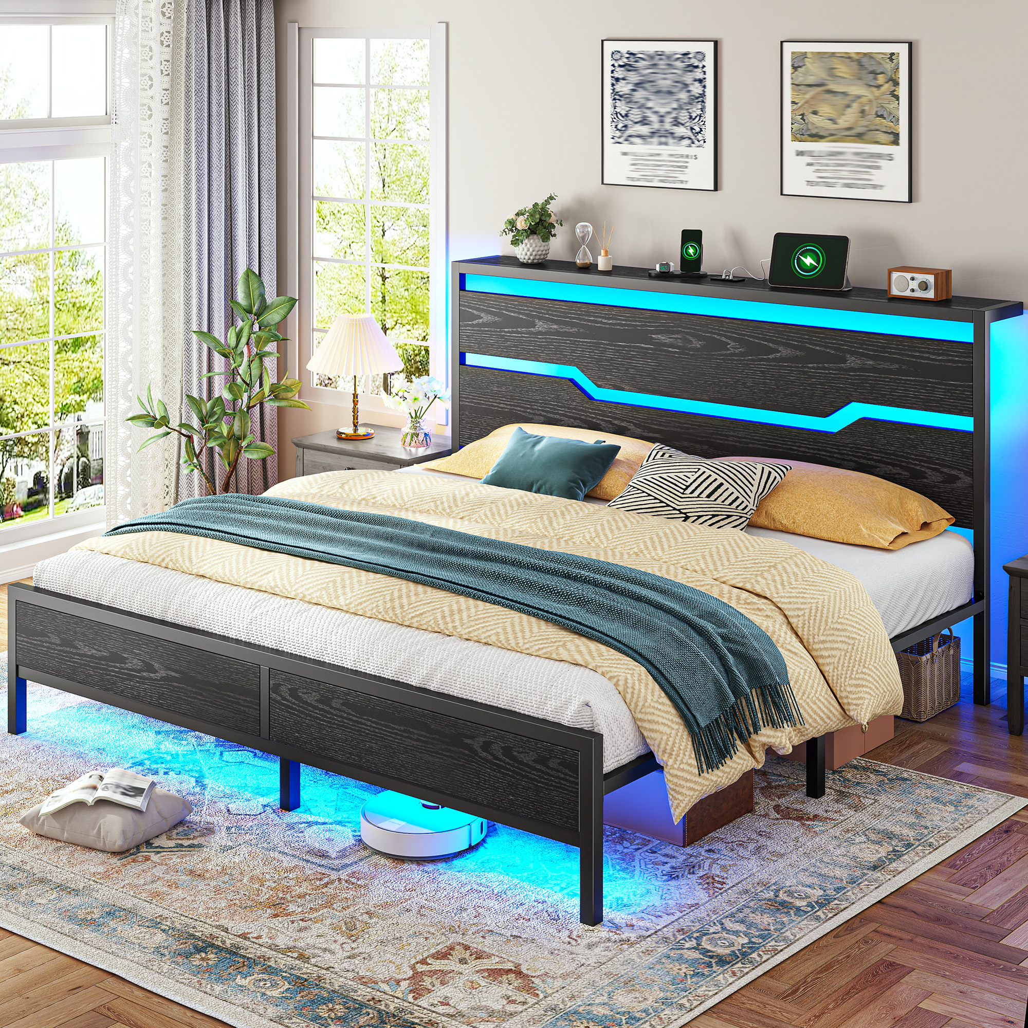 thumbnail video image 2 of EnHomee King Size Metal Bed Frame with Storage Metal Bed Frame with Headboard & Charge Station & LED Lights & 13" Under-Bed Storage, Black, 2 of 11