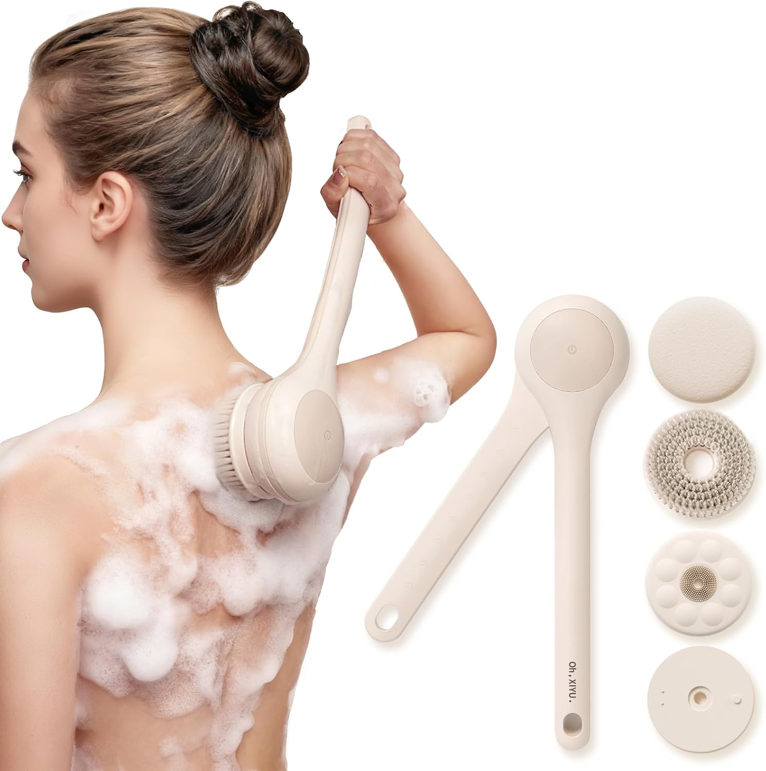 thumbnail video image 2 of Electric Body Brush Back Scrubber for Shower, Waterproof Long Dual Handle Power Body Scrubber with 3 Heads, Rechargeable Bath Brush & 2 Speeds, for Cleansing, Exfoliating and Massaging Skin, 2 of 10