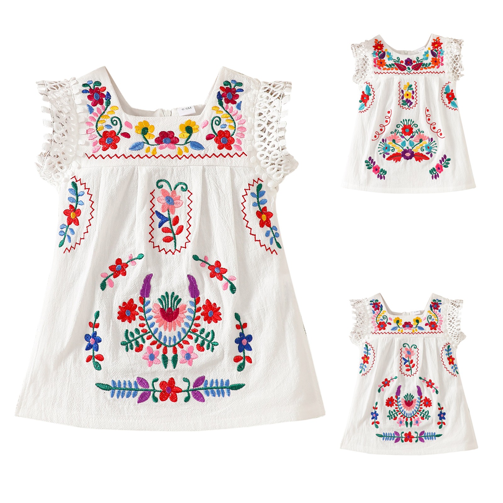 thumbnail video image 2 of Ruyang Toddler Girls Mexican Embroidered Dresses Pleated Lace Trim Square Neck Dresses Summer Breathable Cute Sundress, 2 of 10