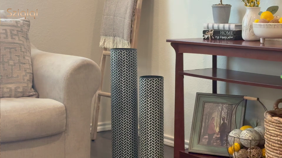 thumbnail video image 2 of Sziqiqi Black Modern Floor Vase Set of 2: 27.6 & 21.7 Inch Textured Metal Vases, Tall Decorative Vases for Home, Rustic Woven Design Indoor Plant Containers, 2 of 12