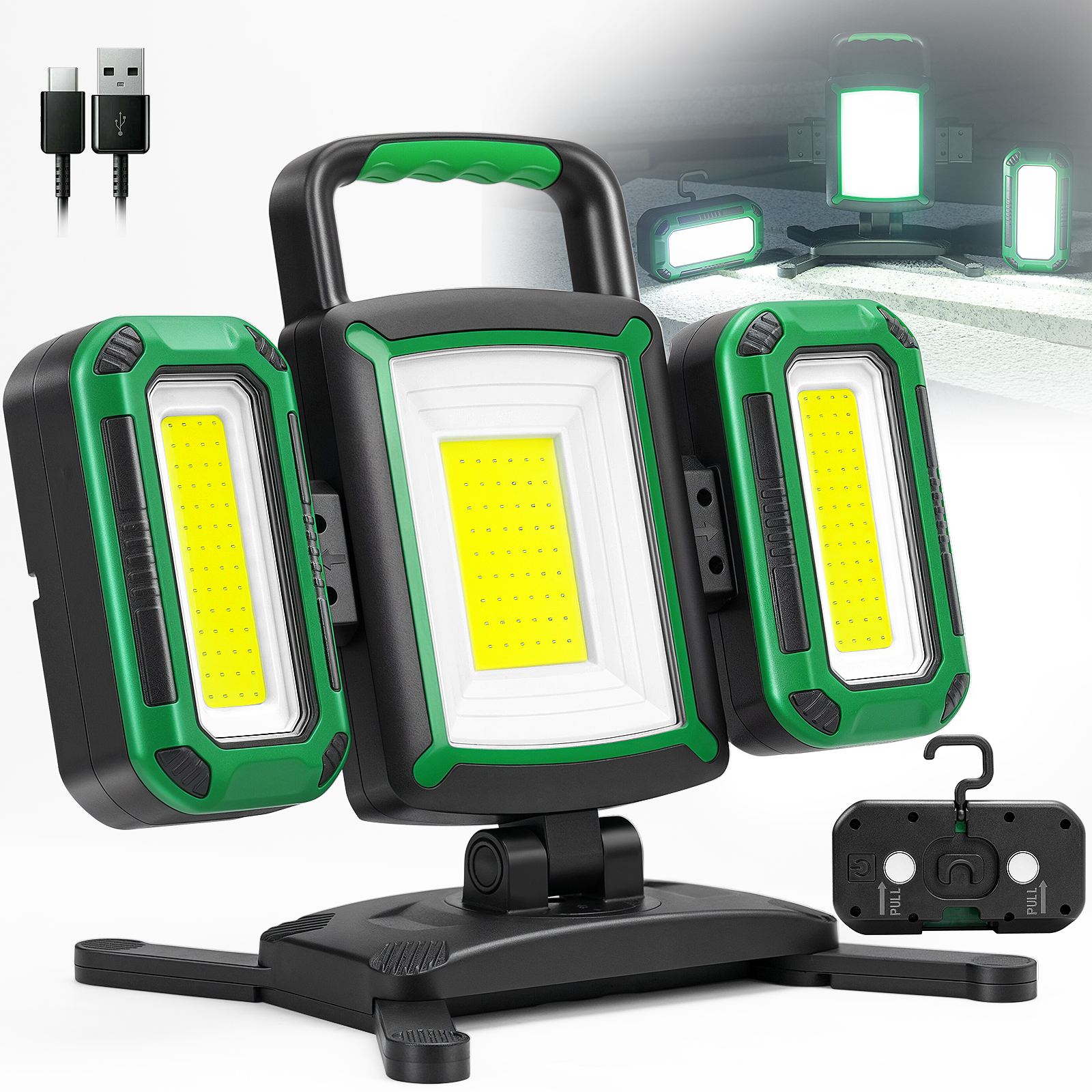 thumbnail video image 2 of SYLMAX Rechargeable Work Light, 3-in-1 Magnetic Work Light with Detachable 2 Floodlights, 9 Modes, 50W 5000LM Foldable&360° Rotatable Portable LED Worklight with Hooks, 2 of 10
