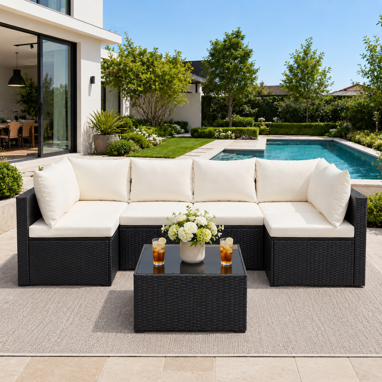 thumbnail video image 2 of 7 Piece Patio Furniture Sets Outdoor Sectional PE Rattan Outdoor Furniture Patio Conversation Set with Cushions and Glass Coffee Table, for Balcony Lawn and Garden, Light Beige, 2 of 8