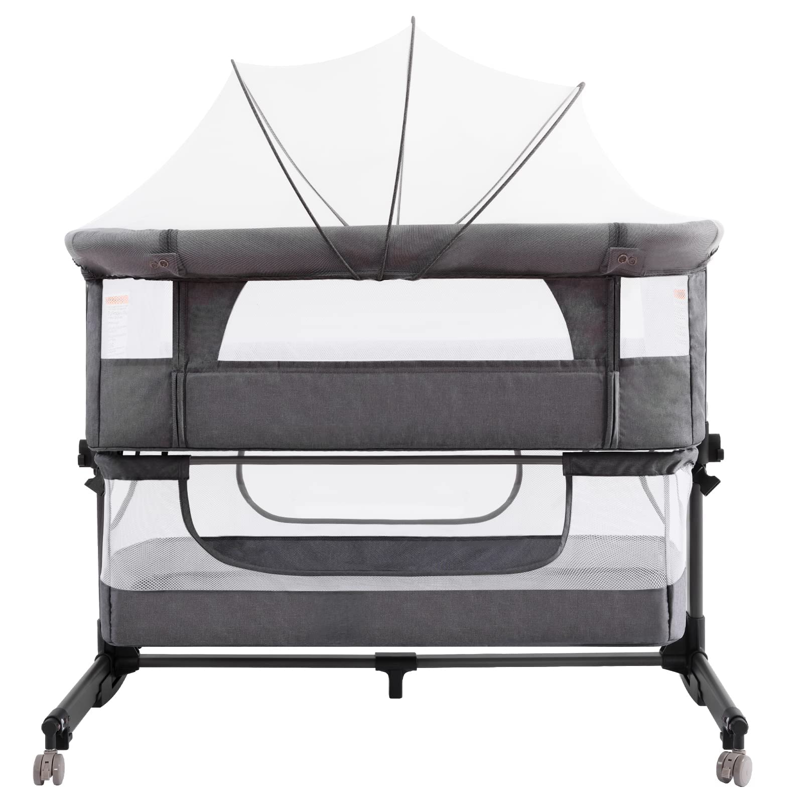 thumbnail video image 2 of Nordmiex Baby Bassinet 3 in 1 Adjustable Bedside Sleeper Bed for Infant Baby with Breathable Net, Khaki, 2 of 9