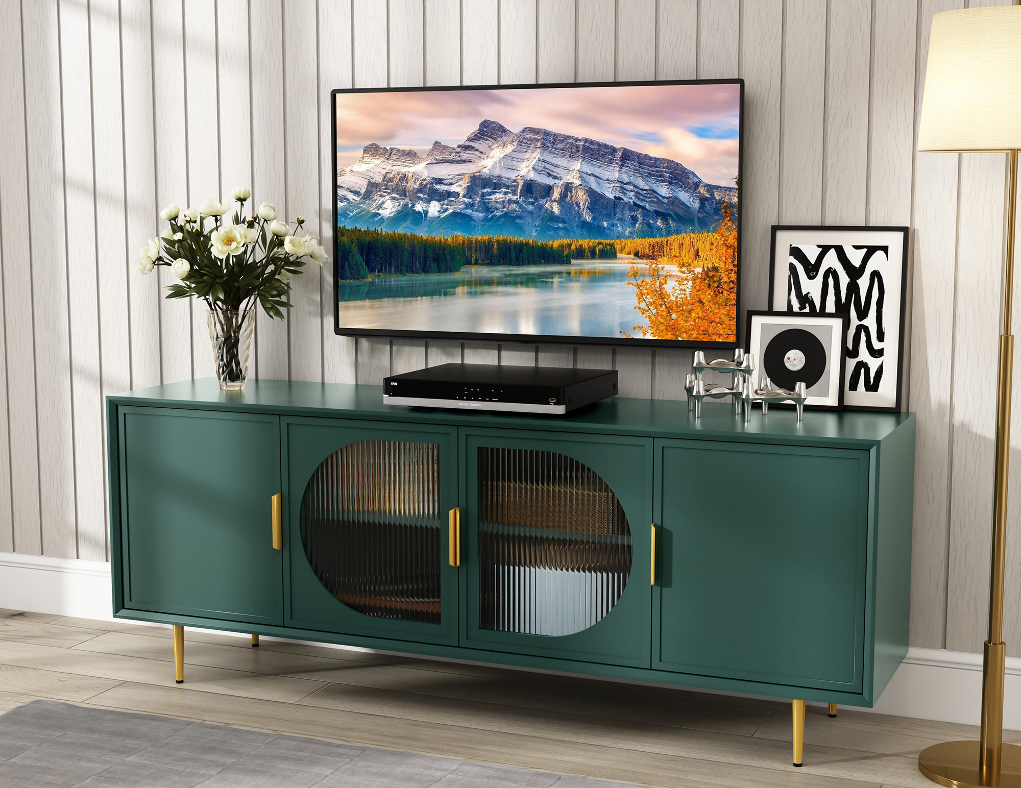 thumbnail video image 2 of CBJCBJ 66" TV up to 75" Stand for Living Room, Entertainment Center with Glass Storage Cabinet, 2 of 10