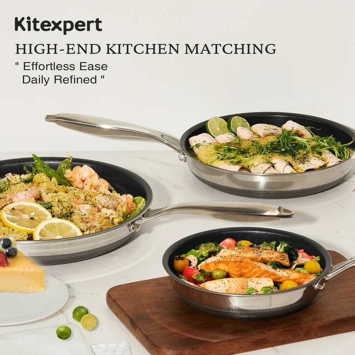thumbnail video image 2 of KITEXPERT Nonstick Frying Pans Set, 6 Pcs (8, 10, 12") Skillet with Lid, Non-Toxic Titanium Ceramic Pan, Dishwasher & Oven Safe, All Cooktops Compatible, 2 of 11