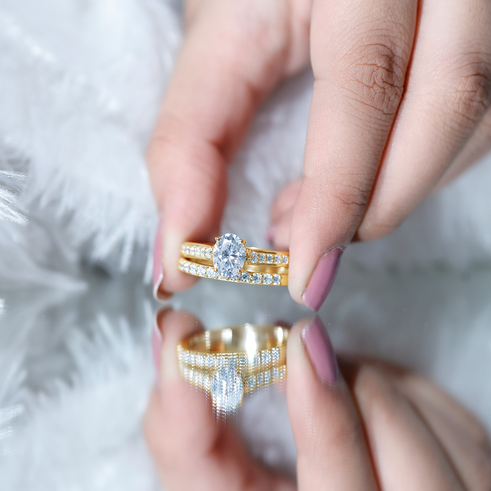 thumbnail video image 2 of Rosec Jewels Certified Lab Grown Diamond Bridal Ring Set - 1ct Oval Engagement Ring with Wedding Band - 6x8 mm - EF-VS Quality, 10K Yellow Gold, US 3.50, 2 of 9